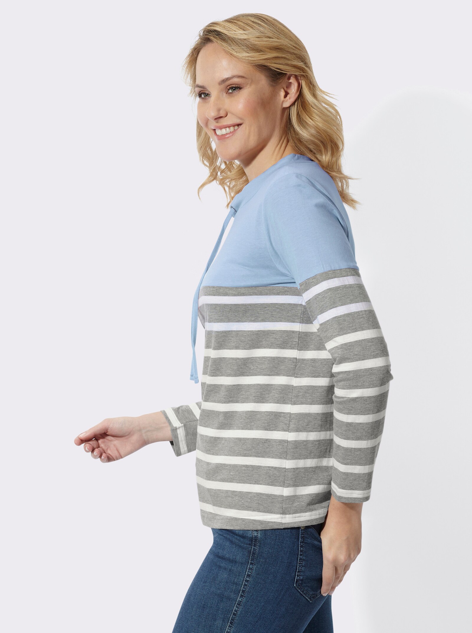  Stehkragenshirt mit Colour-Blocking - eisblau-grau-geringelt