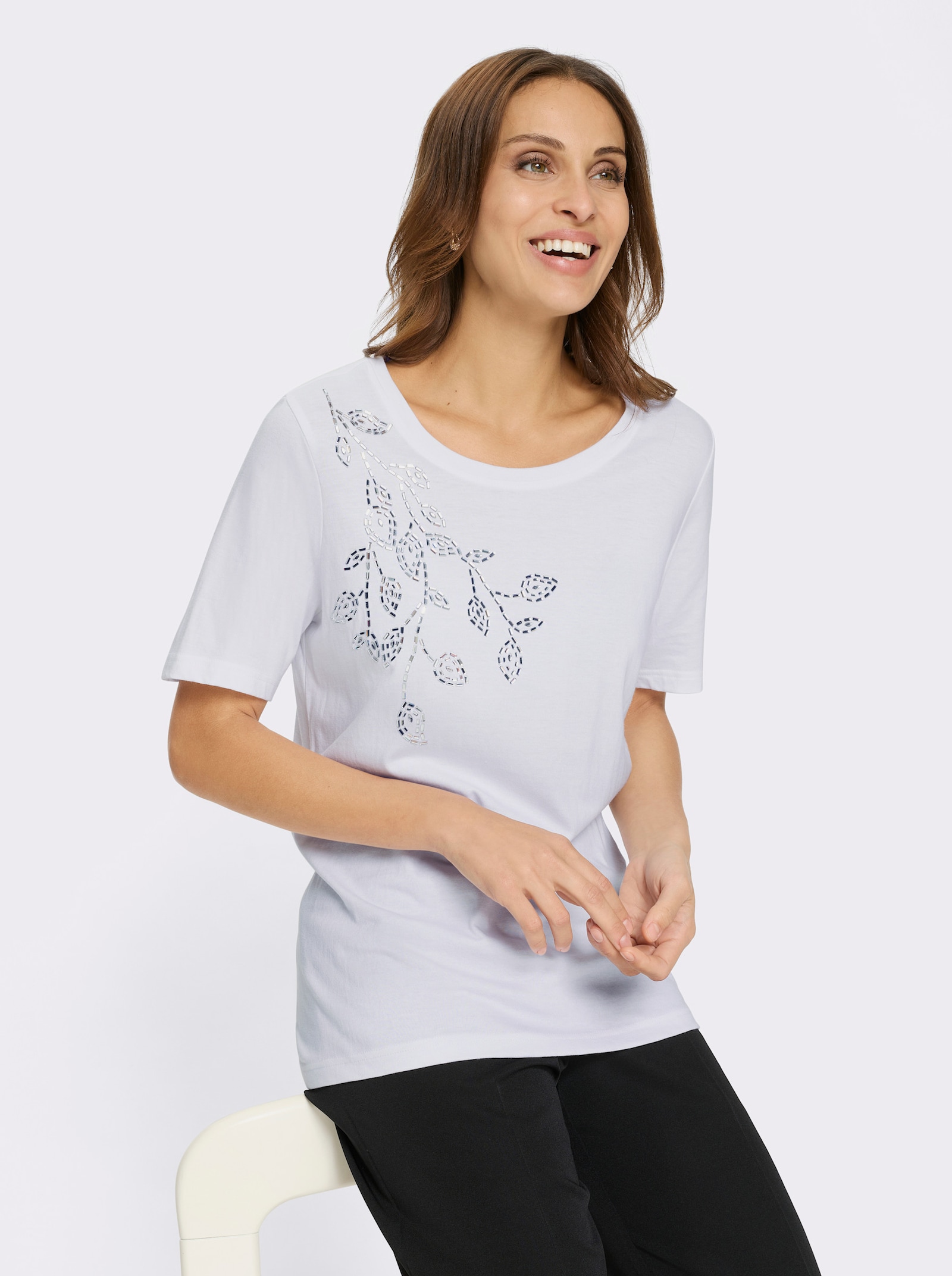 Rundhalsshirt mit Glitzersteinchen - weiß