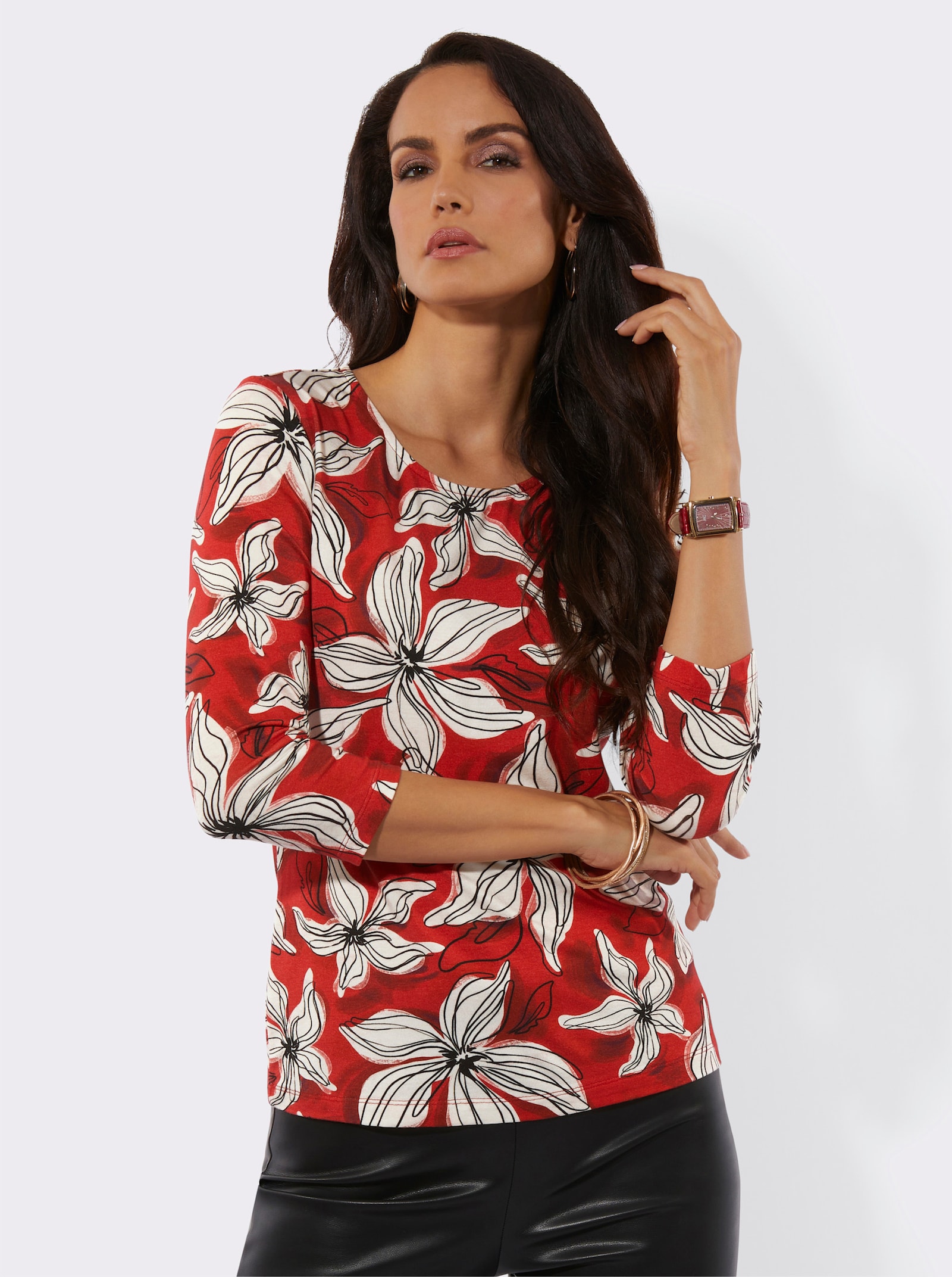 3/4-Arm-Shirt im Blüten-Dessin - rot-champagner-bedruckt