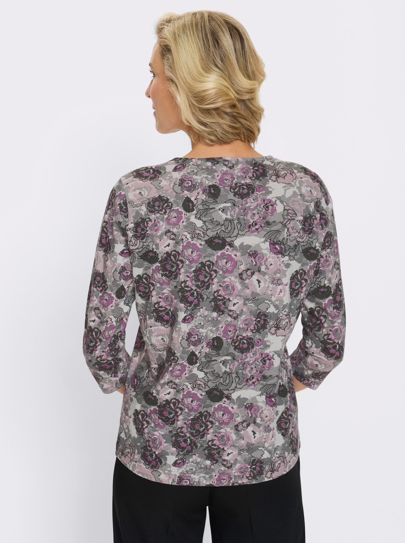 3/4-Arm-Shirt im Blüten-Dessin - steingrau-mauve-bedruckt