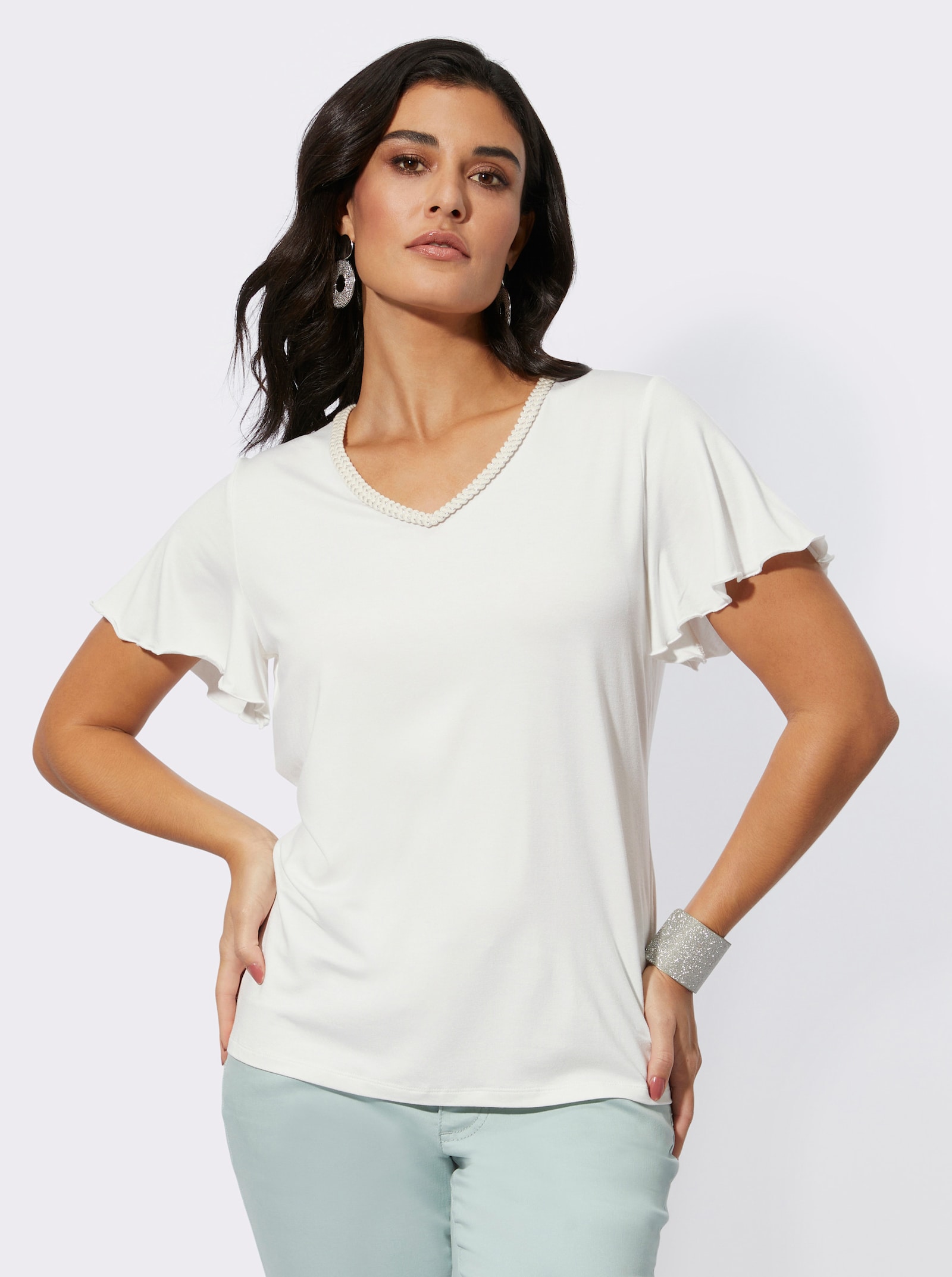  V-Shirt mit Flügelärmeln - ecru