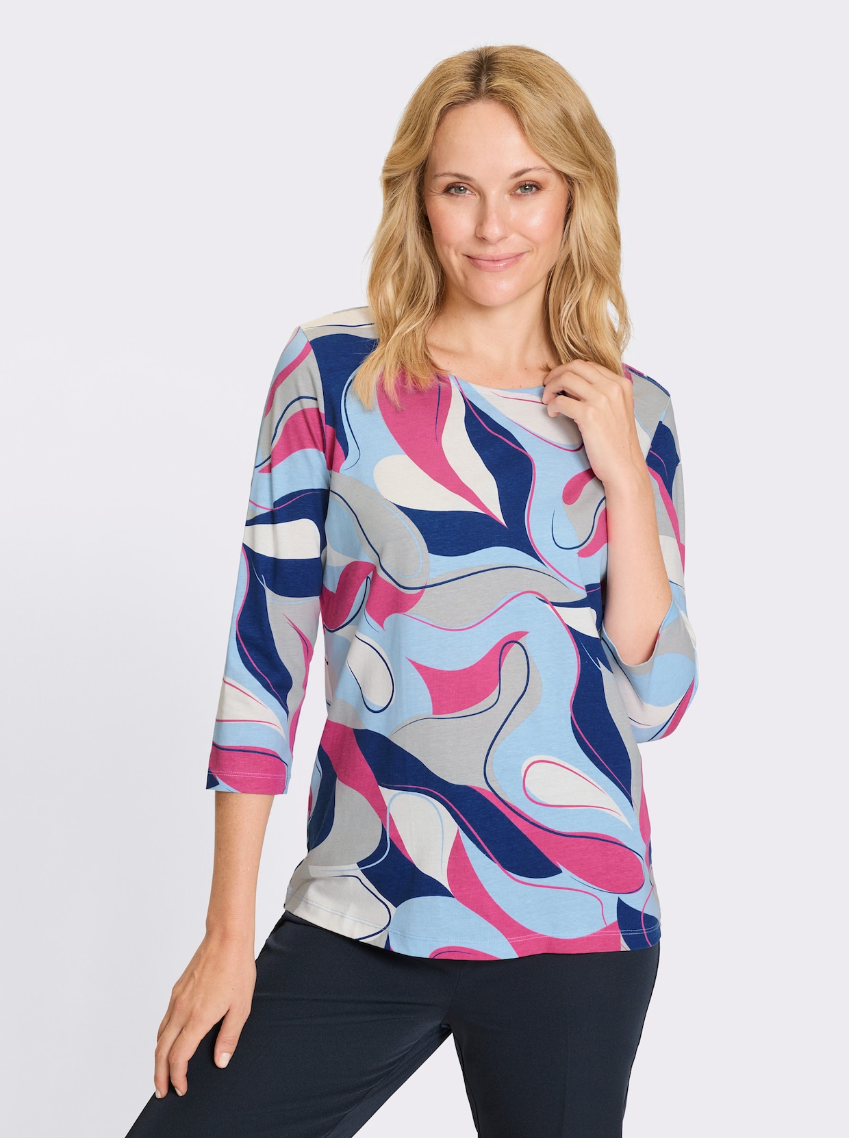3/4-Arm-Shirt - hellgrau-fuchsia-bedruckt