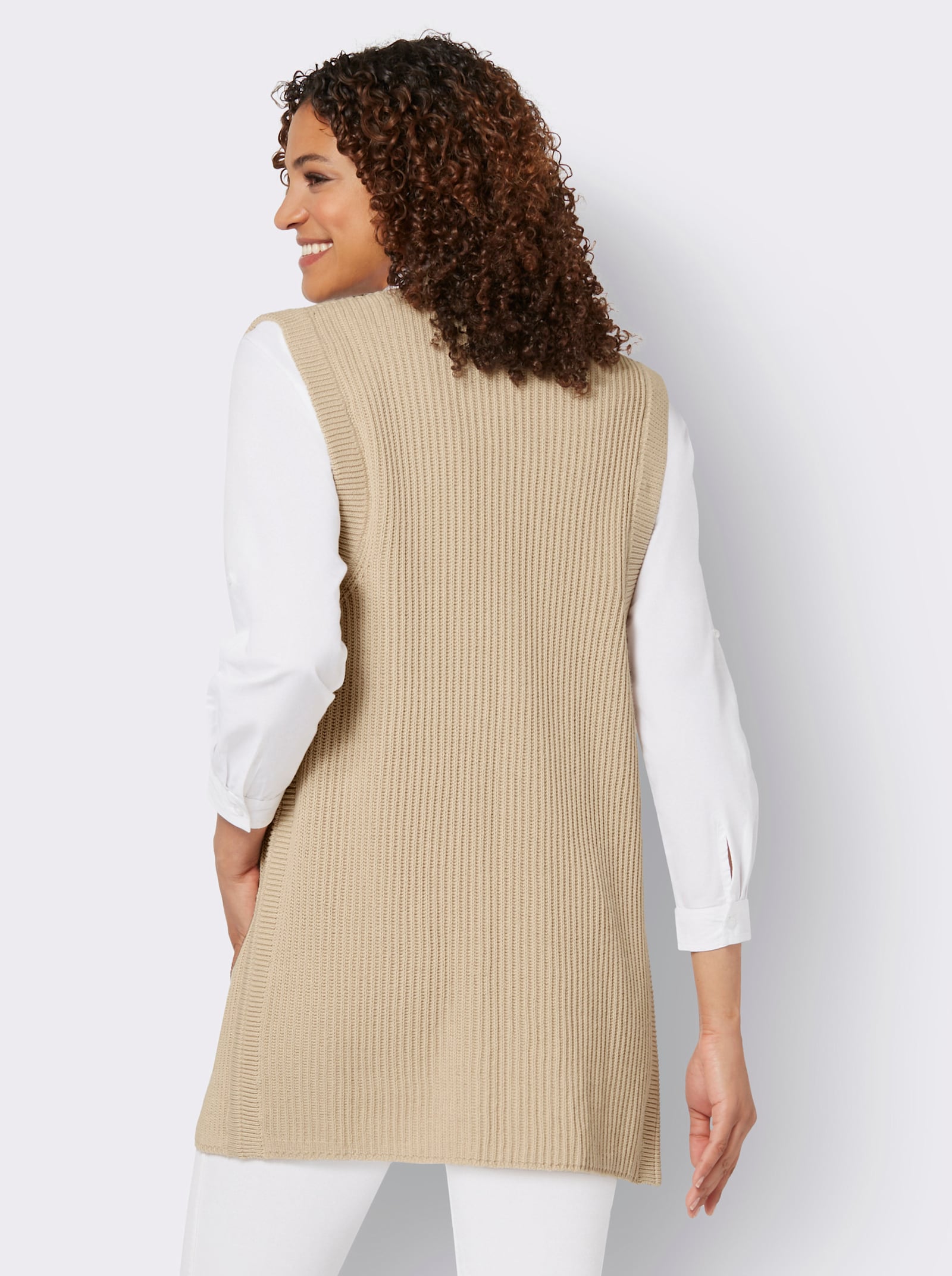 Strickweste in Longform, gerippt - sand