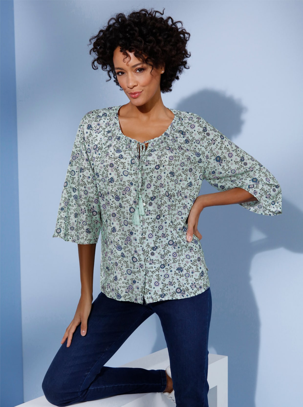 Creation L Premium Viskose-Seiden-Bluse - kalkmint-jeansblau-bedruckt