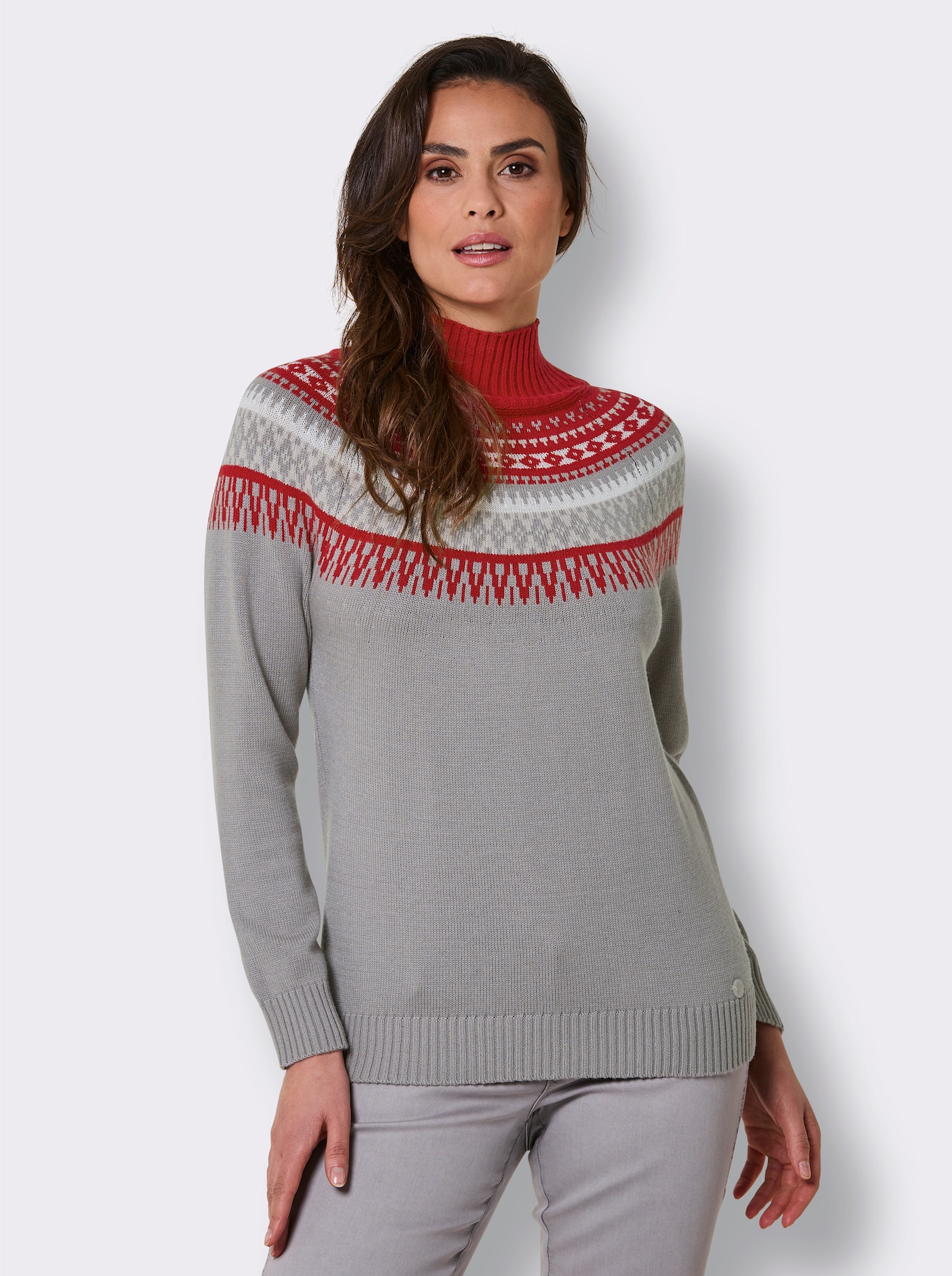 CREATION L PREMIUM Norwegerpullover mit Jacquard-Strick - steingrau-rot-gemustert