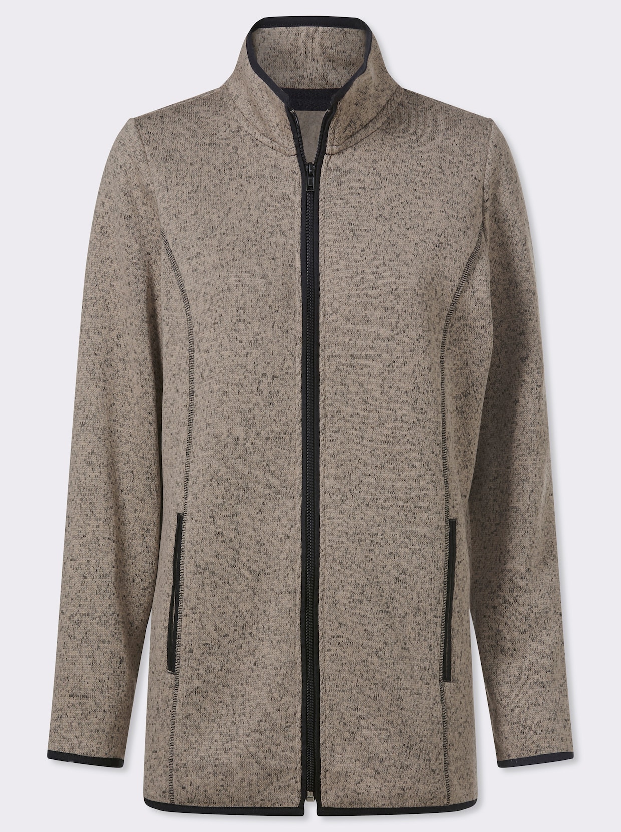 Gebreid fleecejack met elastische boorden met paspel - sesam/zwart gedessineerd