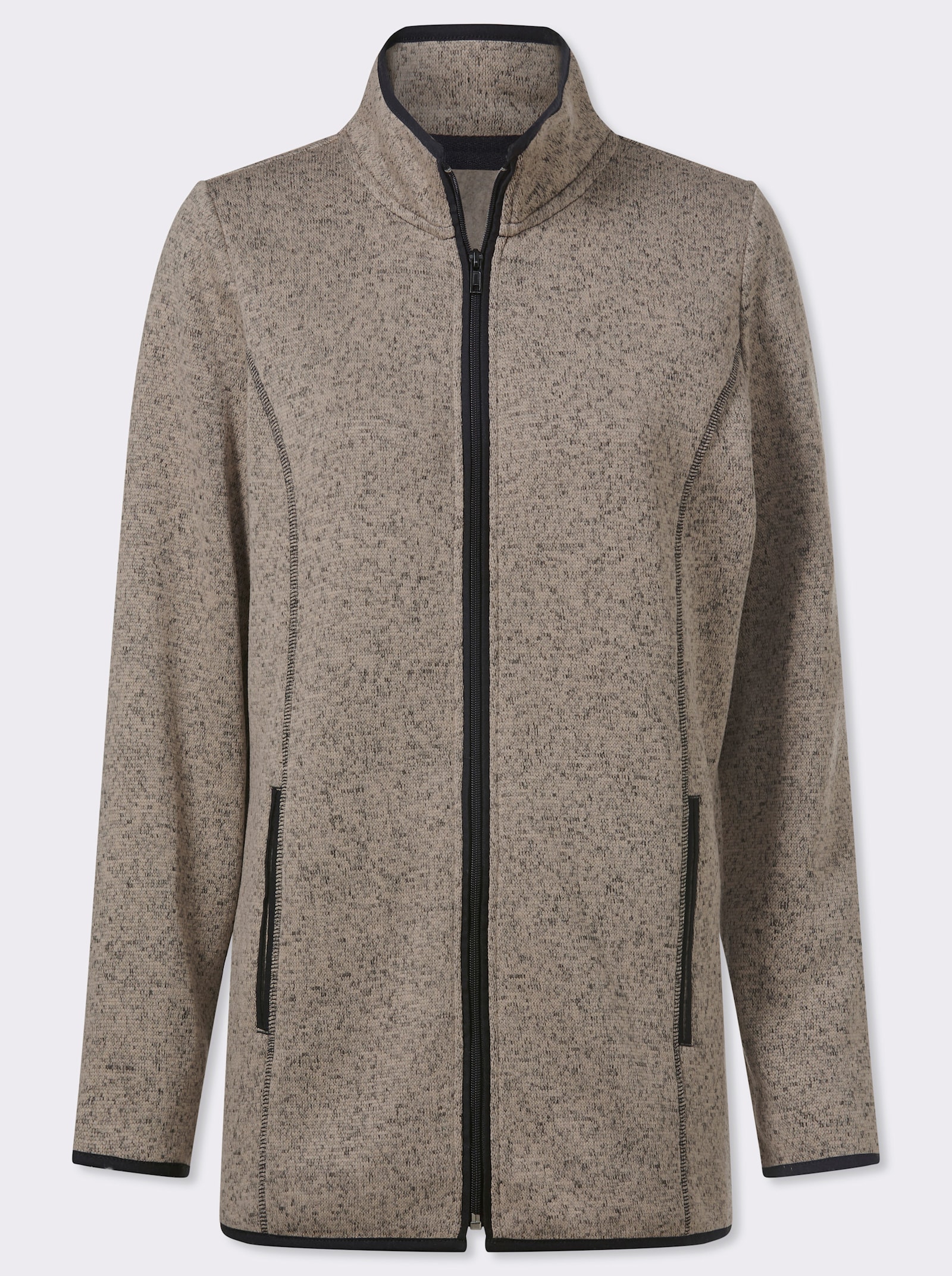 Gebreid fleecejack met elastische boorden met paspel - sesam/zwart gedessineerd