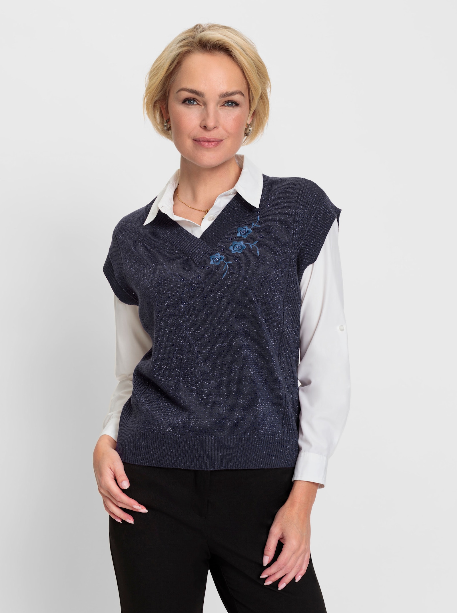 Pullunder mit Zierperlen - marine-meliert