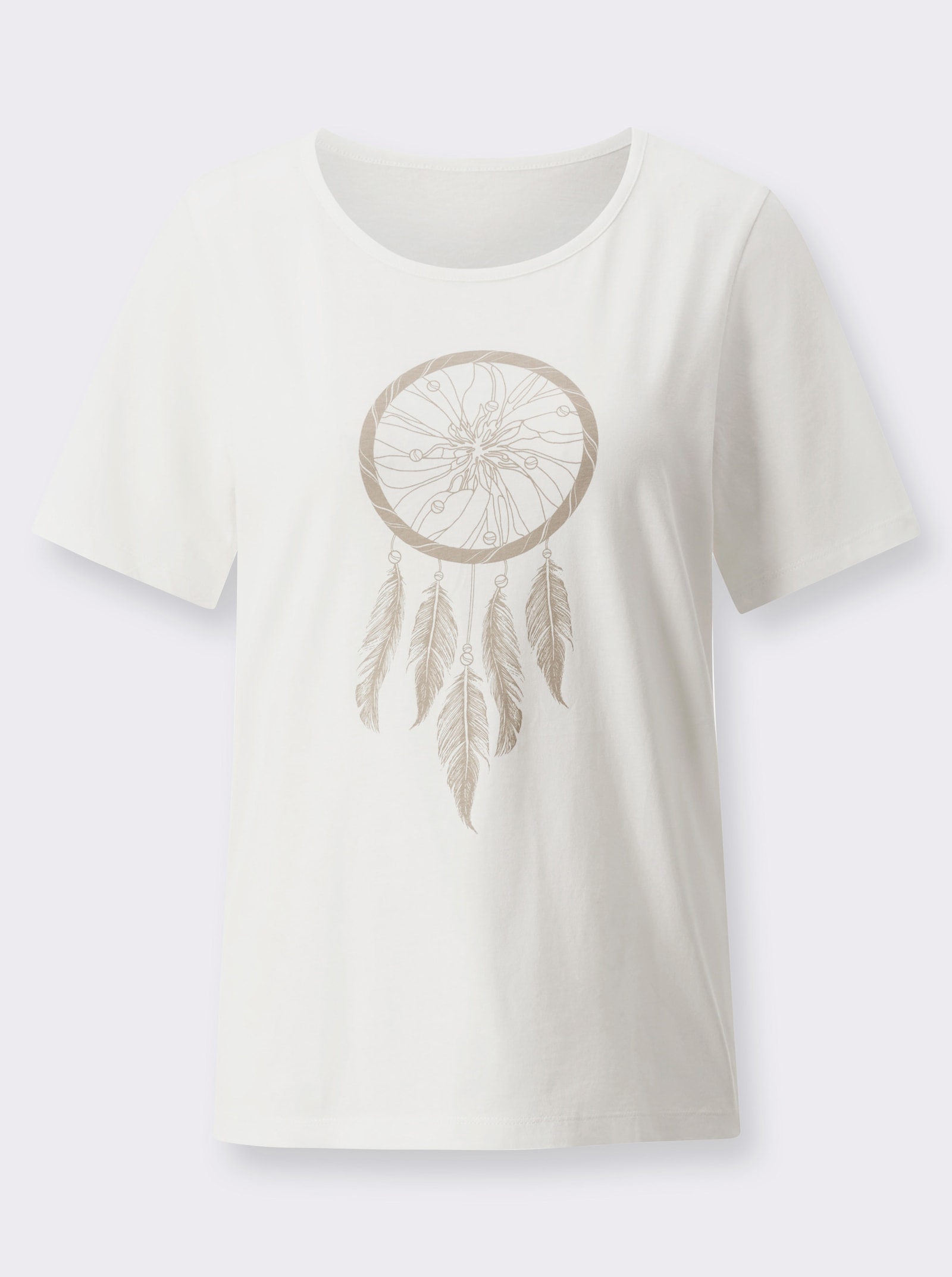 Tričko s krátkým rukávem a etno motivem - ecru-sezamová