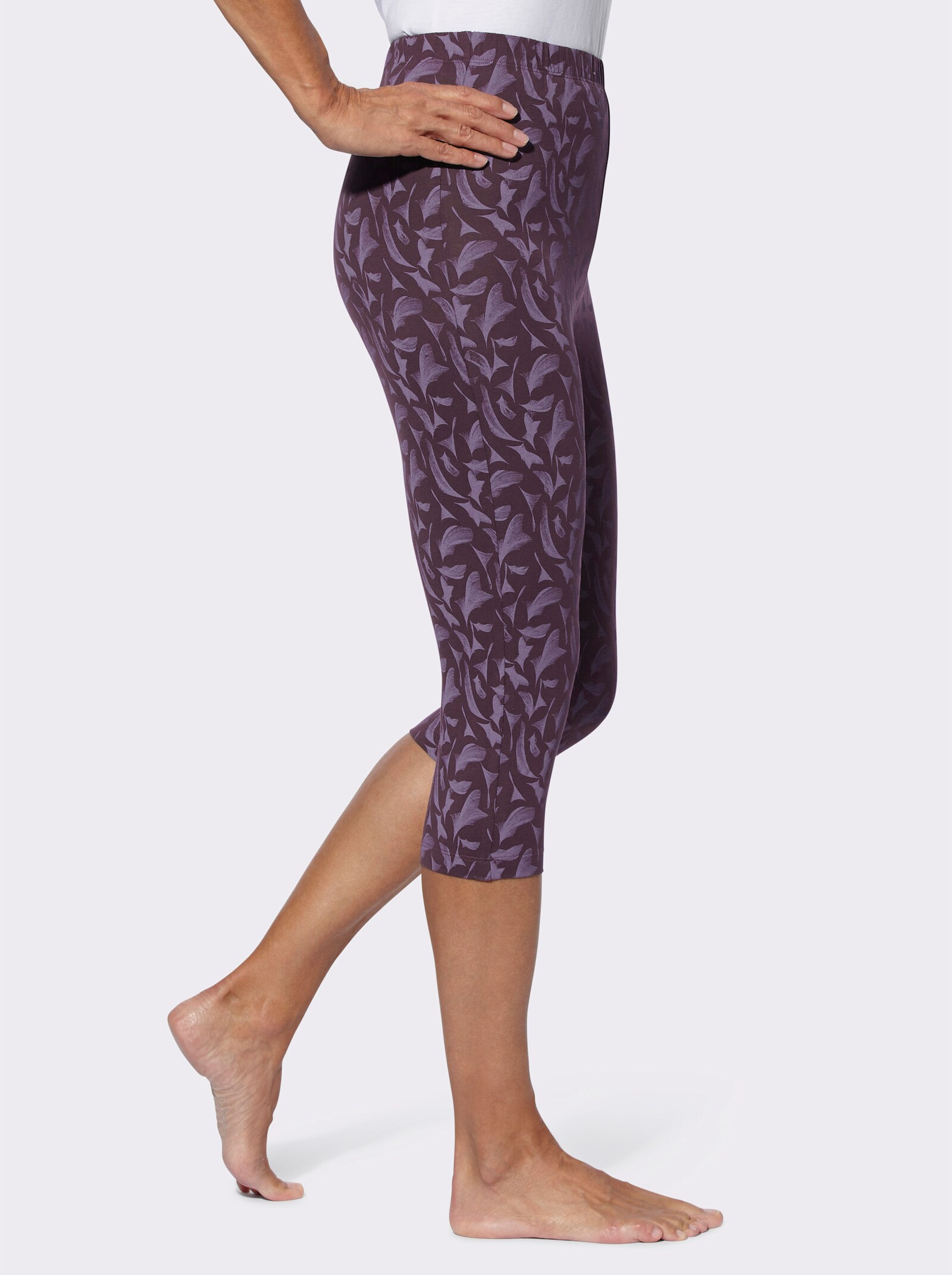 Caprileggings in Baumwoll-Qualität, elastisch - aubergine-feige-bedruckt