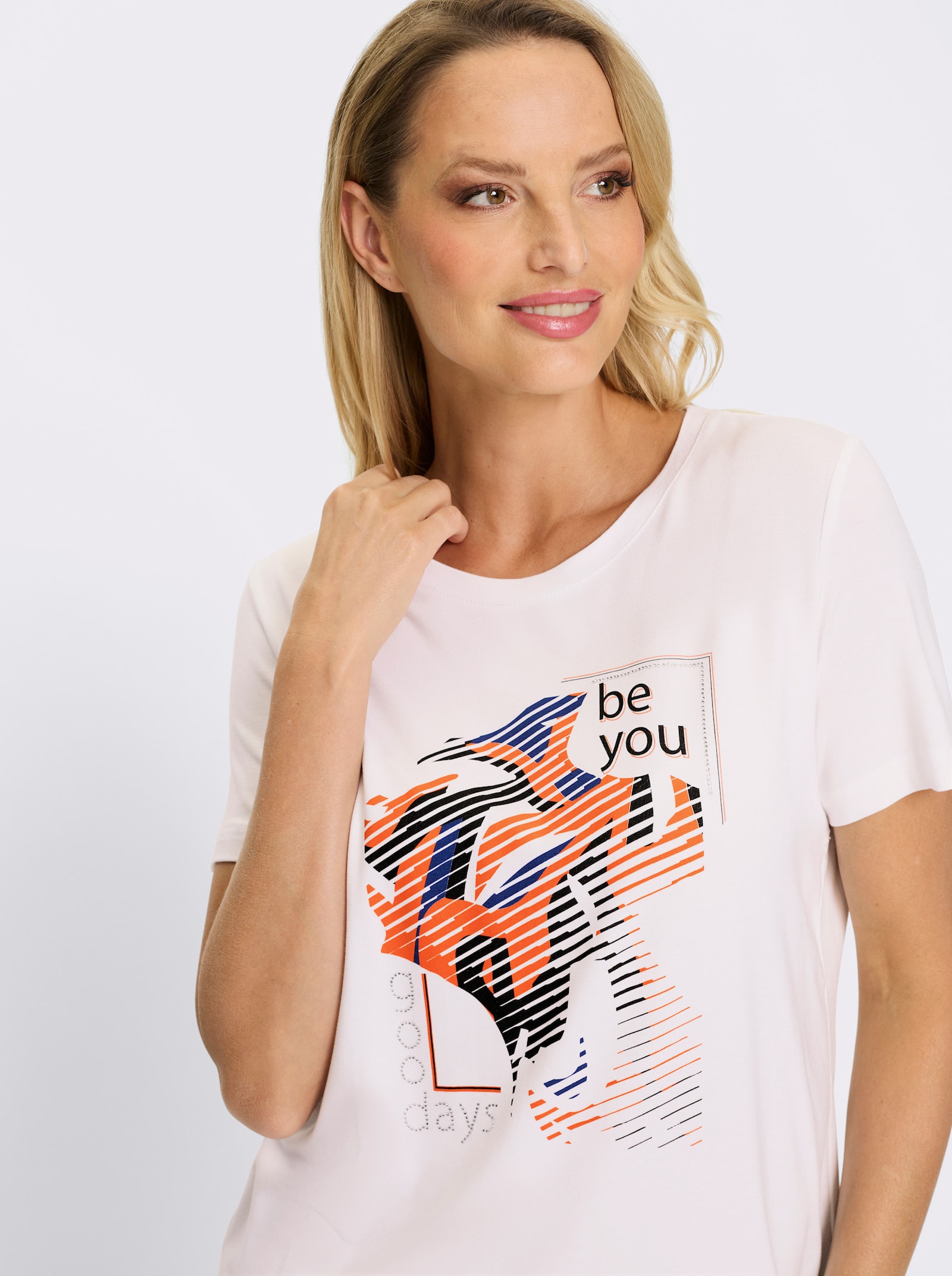 heine Rundhalsshirt mit Ziersteinen - weiss-royalblau