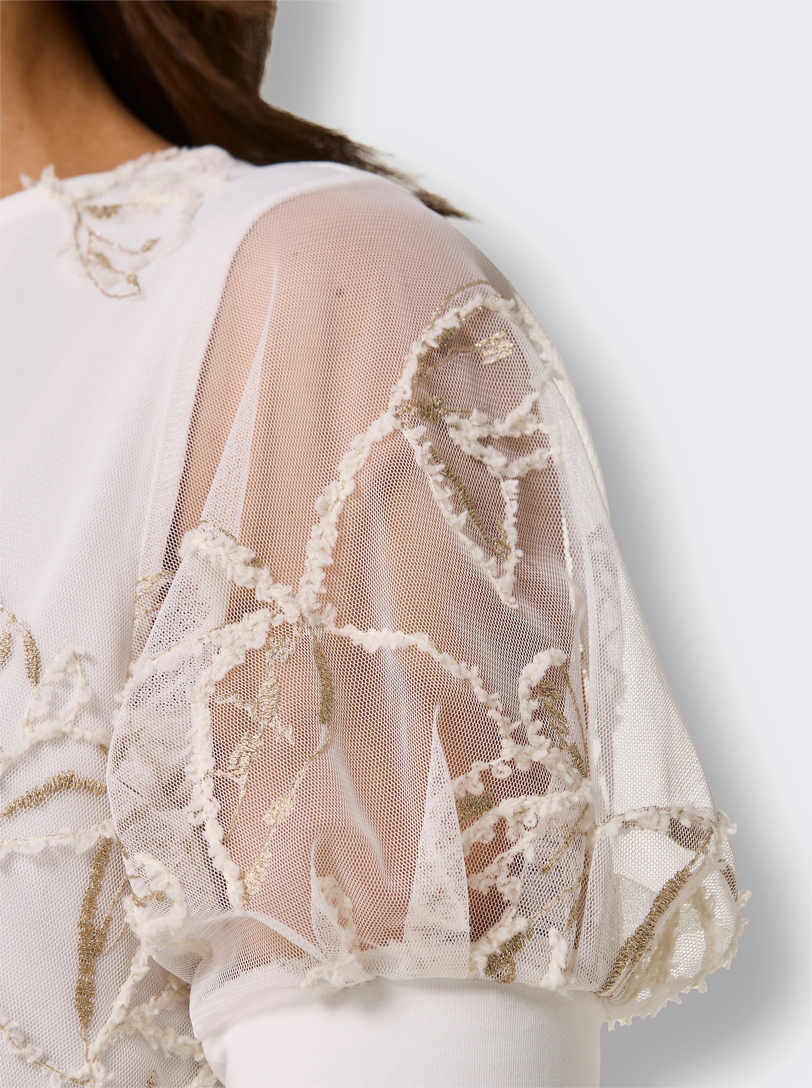 CREATION L PREMIUM Kurzarmshirt mit glitzernder Stickerei - ecru-gemustert