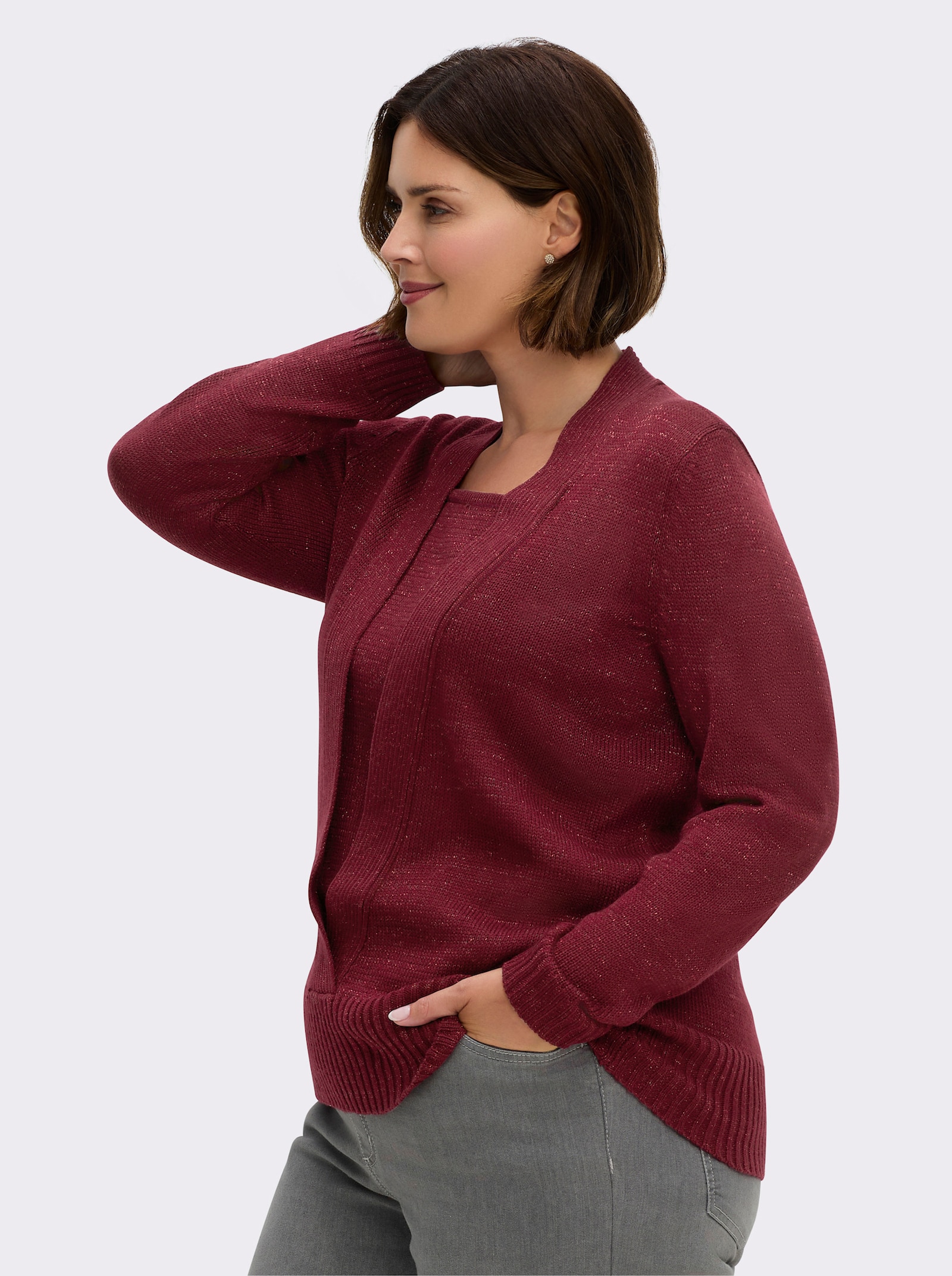 2-in-1-Pullover mit Schalkragen-Optik - rot-meliert