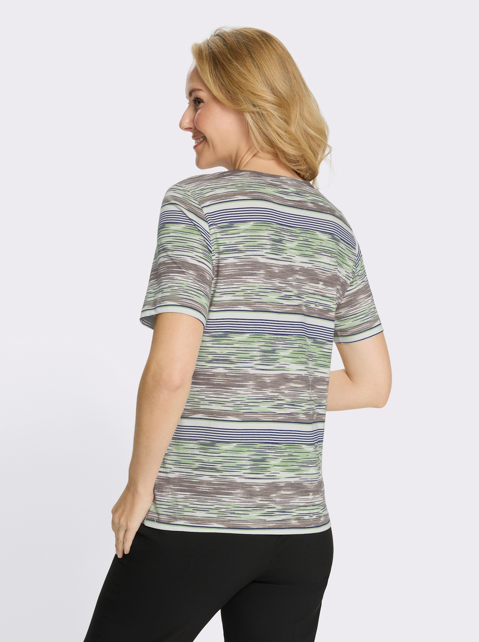 Kurzarmshirt mit Ringel-Druck rundum - reseda-ecru-bedruckt