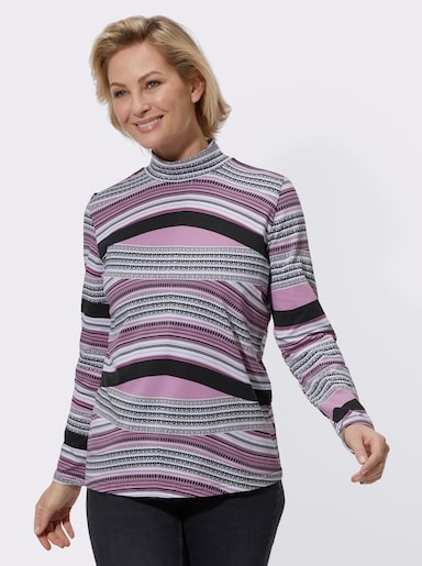 Stehkragenshirt in Baumwoll-Qualität, gestreift - orchidee-graphit-bedruckt