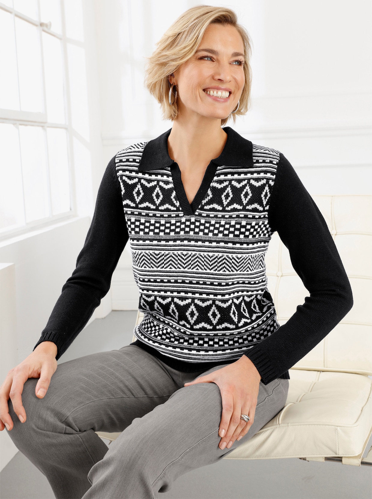 Jacquard-Pullover - schwarz-weiß-gemustert