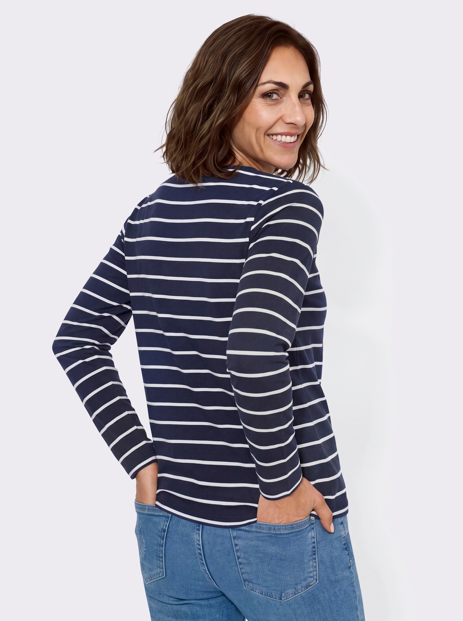 Ringelshirt mit Frontdruck - marine-weiß-geringelt