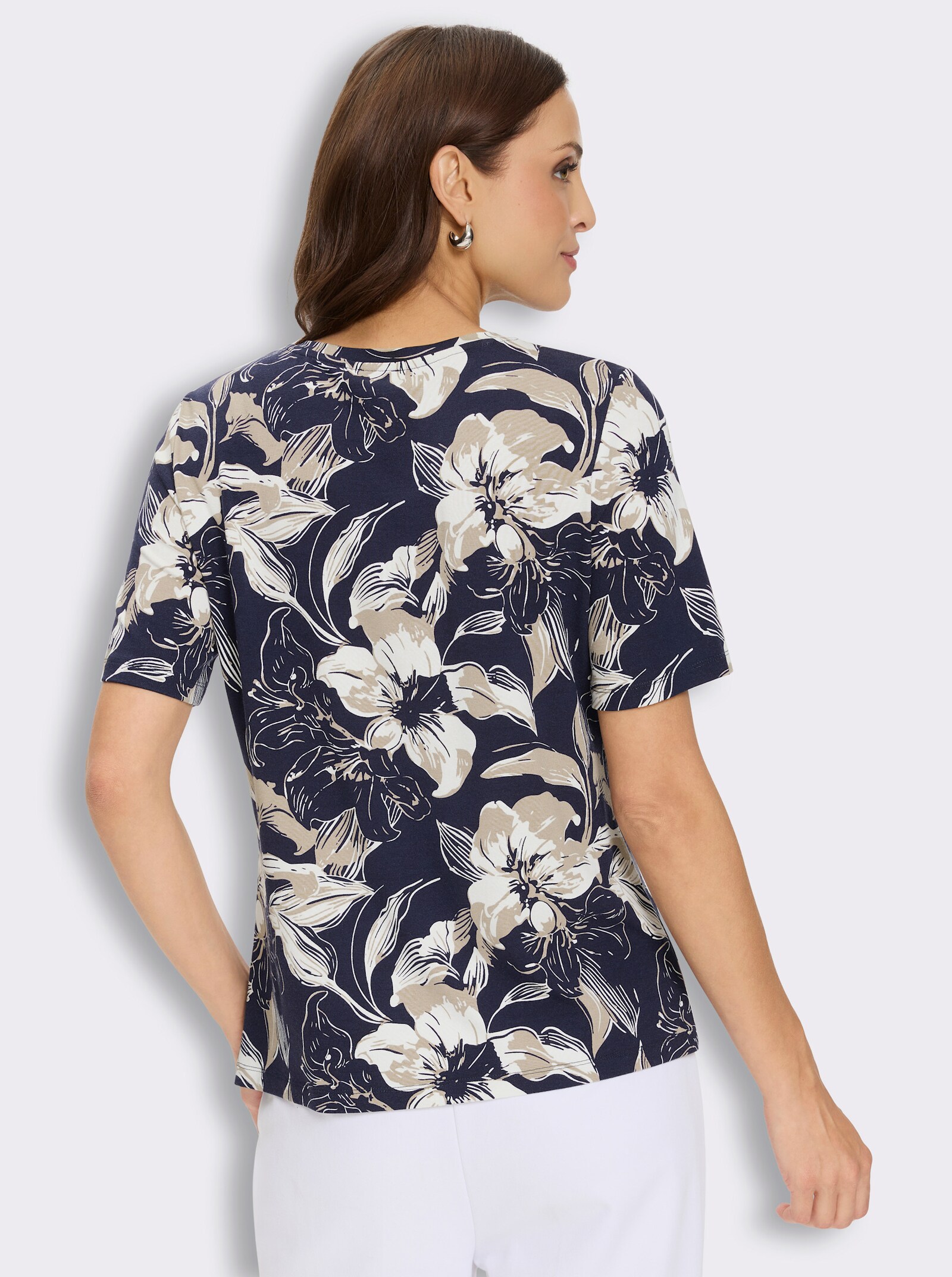 Rundhalsshirt in Viskose-Qualität - marine-beige-bedruckt