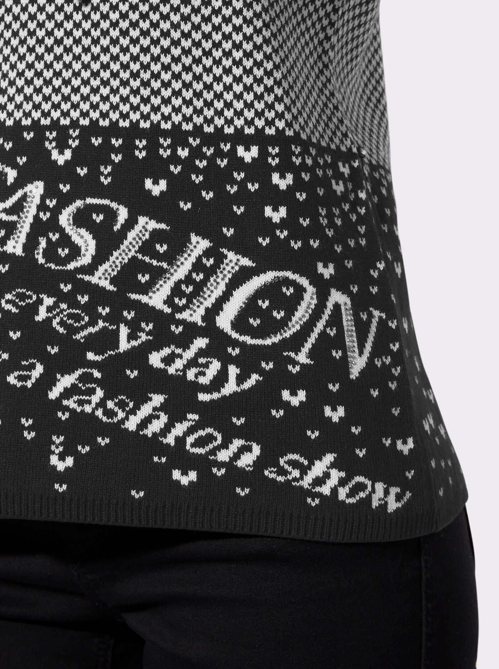 Langarm-Pullover mit abnehmbaren Schal - schwarz-ecru-gemustert