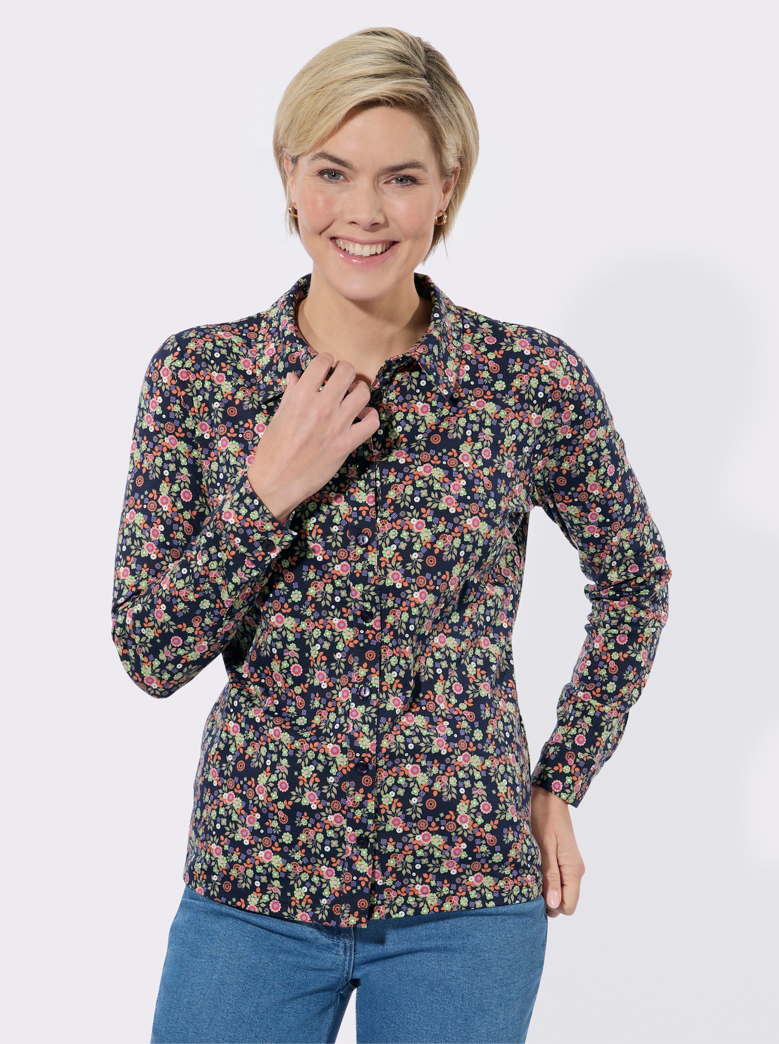 Jersey-Bluse mit floralem Muster - marine-reseda-bedruckt