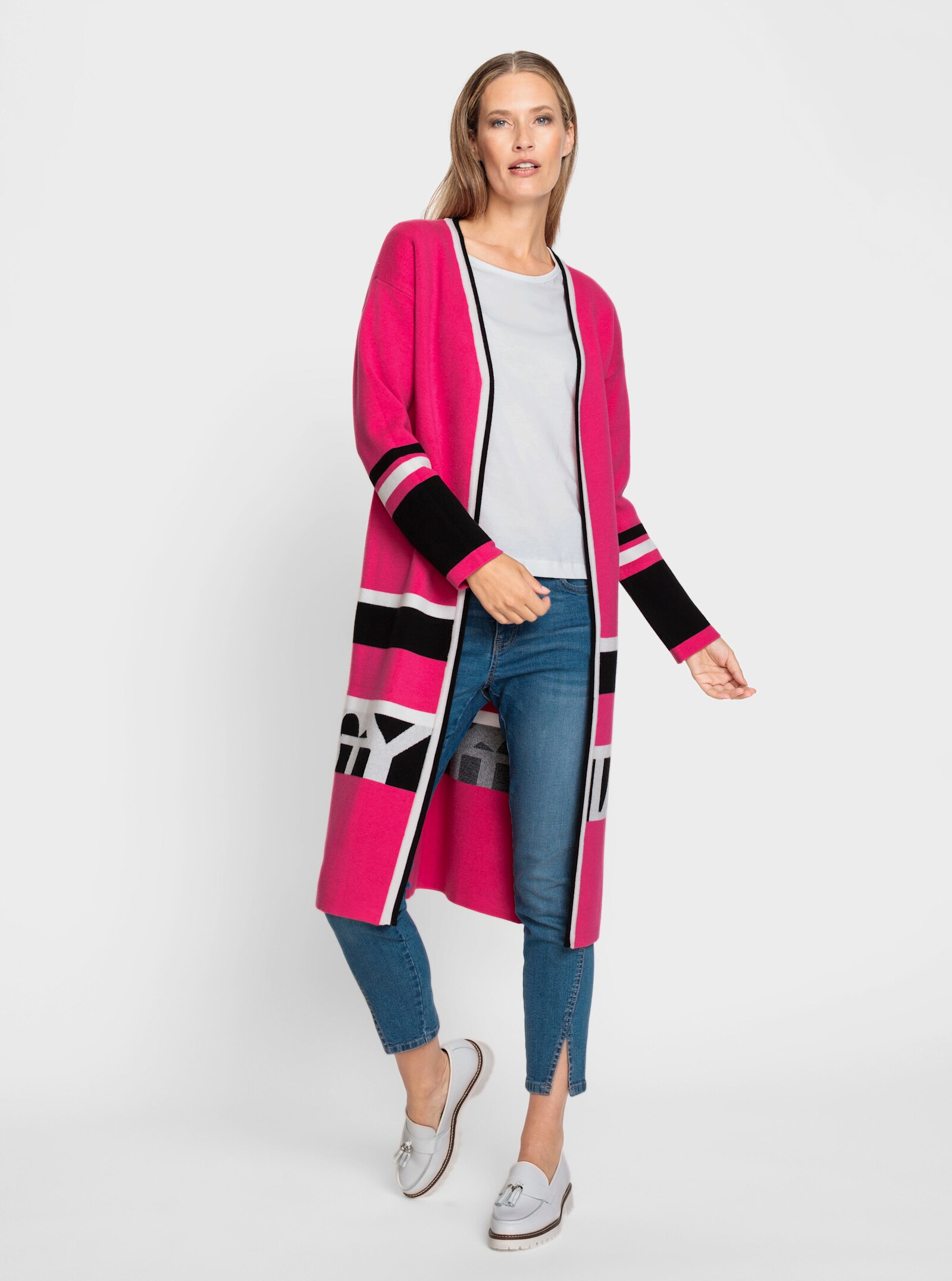 heine Strickmantel mit Streifen und Schriftzug - pink-schwarz-gemustert