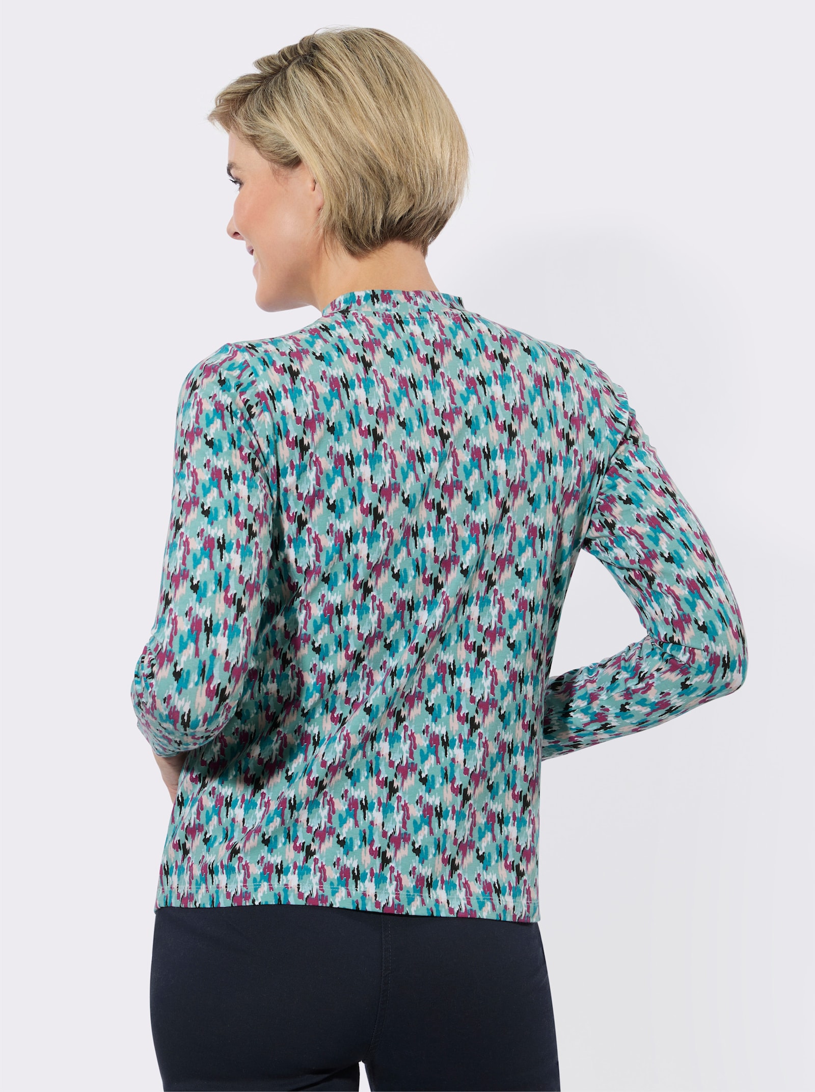 Stehkragenshirt mit Grafik-Dessin - salbei-malve-bedruckt