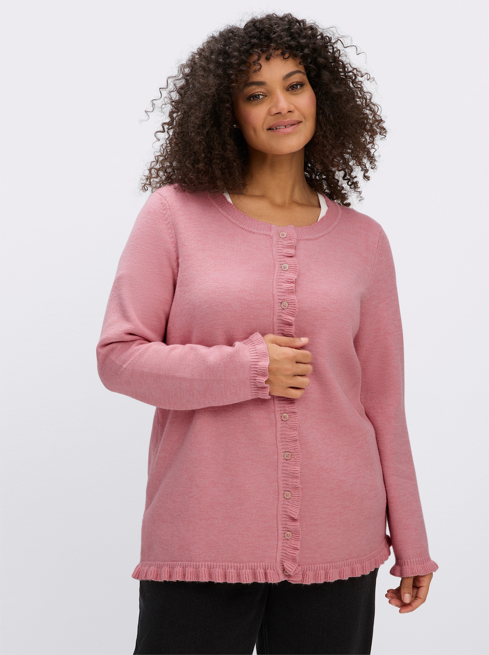 sheego Cardigan mit verspielten Volants - hortensie-meliert