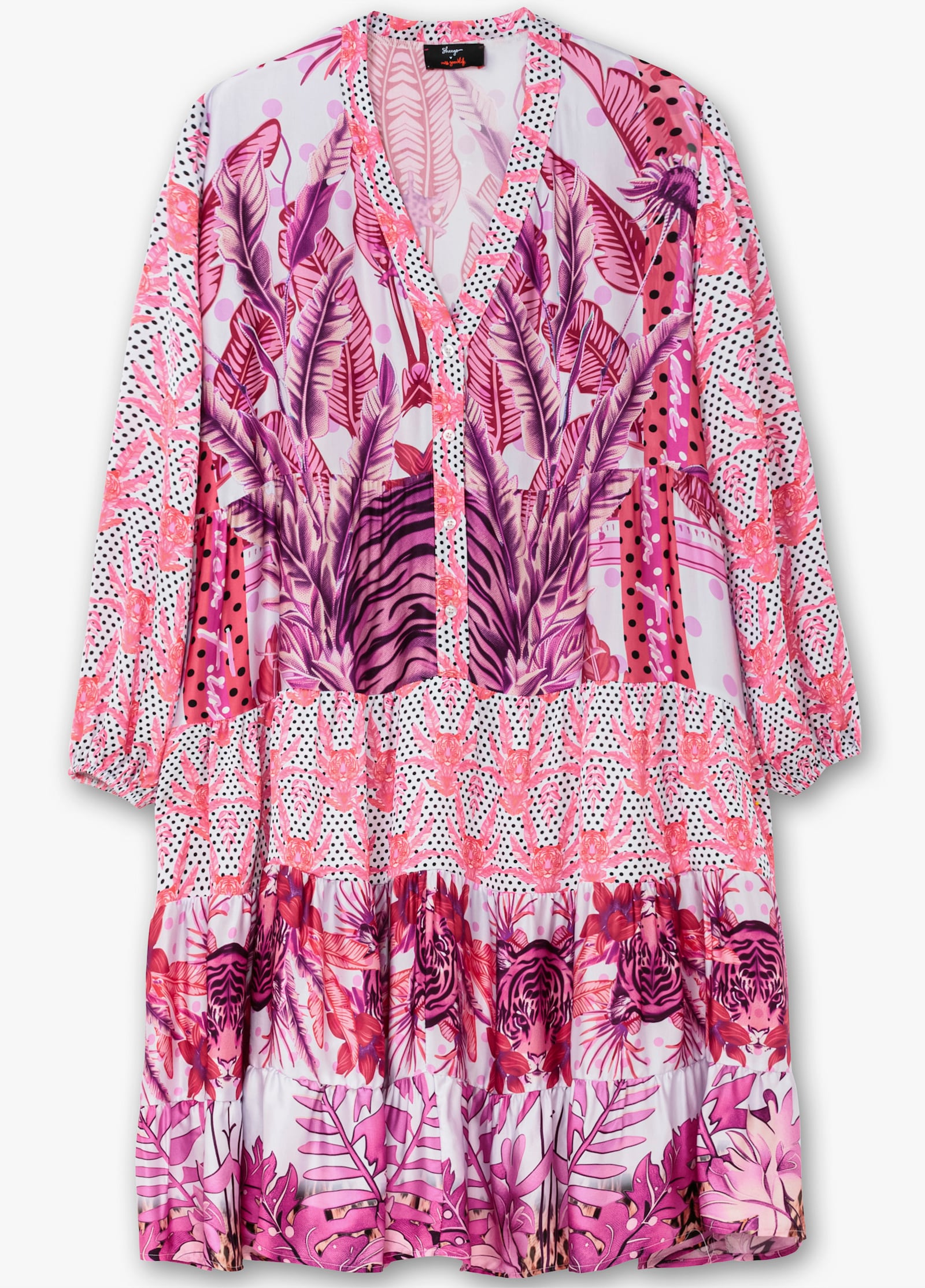 sheego loves miss goodlife Stufenkleid in Knielänge mit Ballonärmeln - pink gemustert