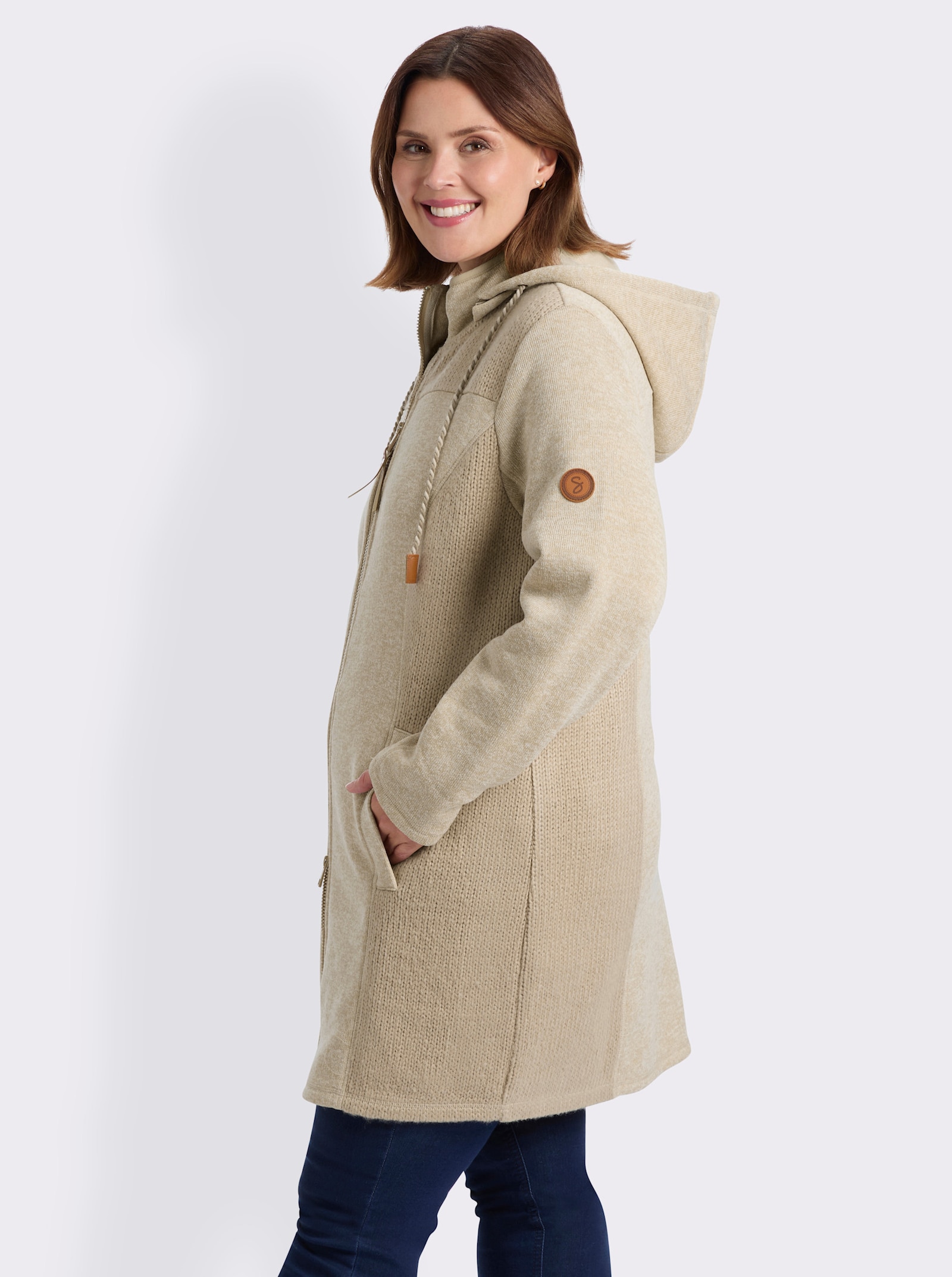 sheego Strickfleecejacke in Longform - beige-elfenbein-meliert