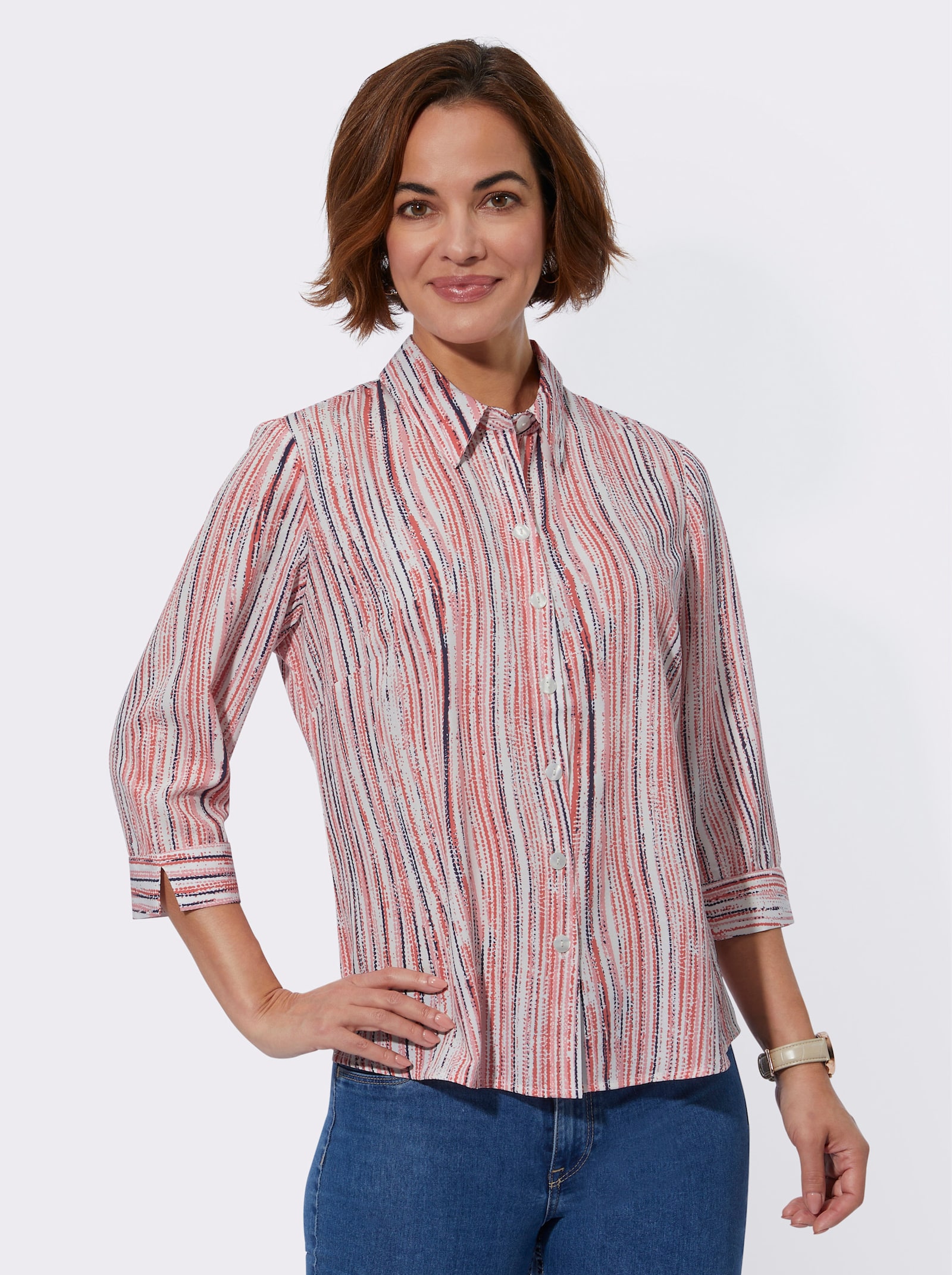 Gestreifte Bluse mit abgerundetem Saum - flamingo-ecru-bedruckt