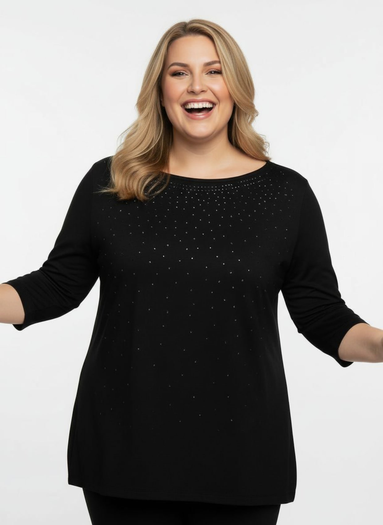 3/4-Arm-Shirt mit Glitzersteinchen - schwarz