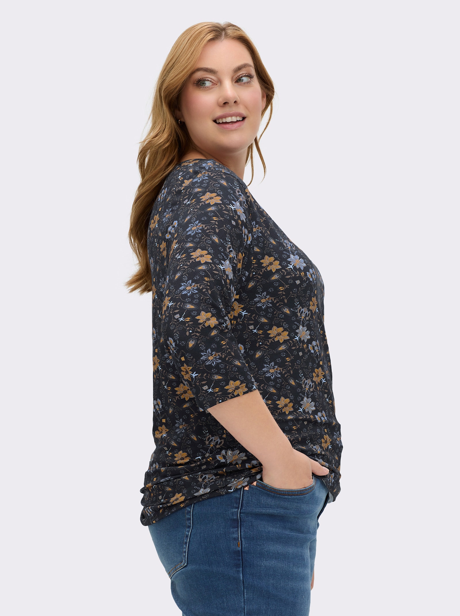 Print-Shirt mit U-Boot-Ausschnitt - marine-ocker-bedruckt