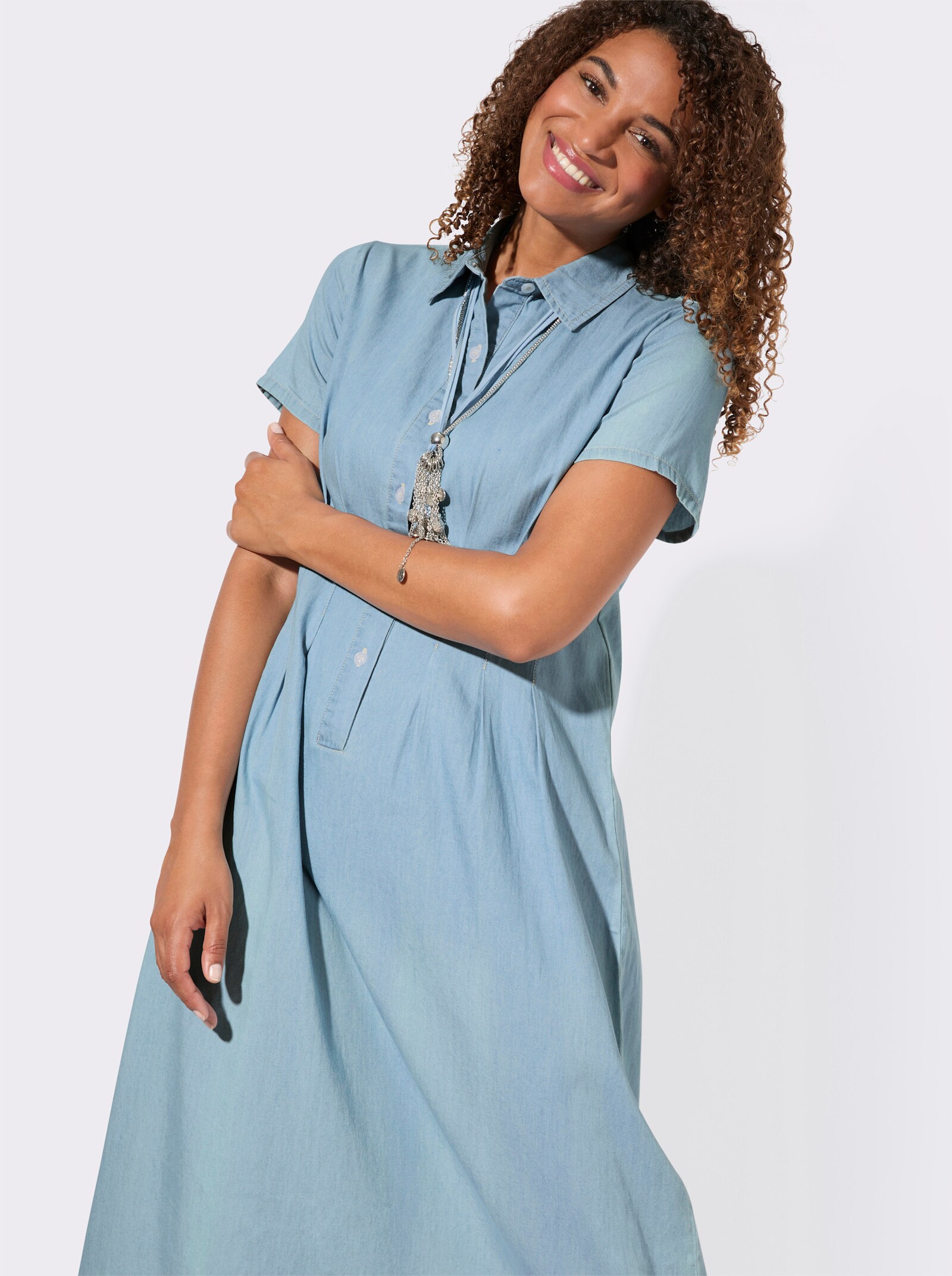 Jeanskleid mit Taillenabnähern - blue-bleached
