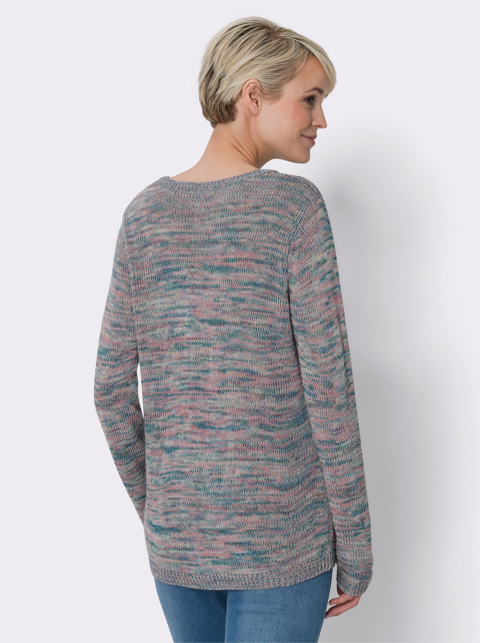 Langarm-Pullover aus Melange-Garn - mittelblau-flamingo-meliert