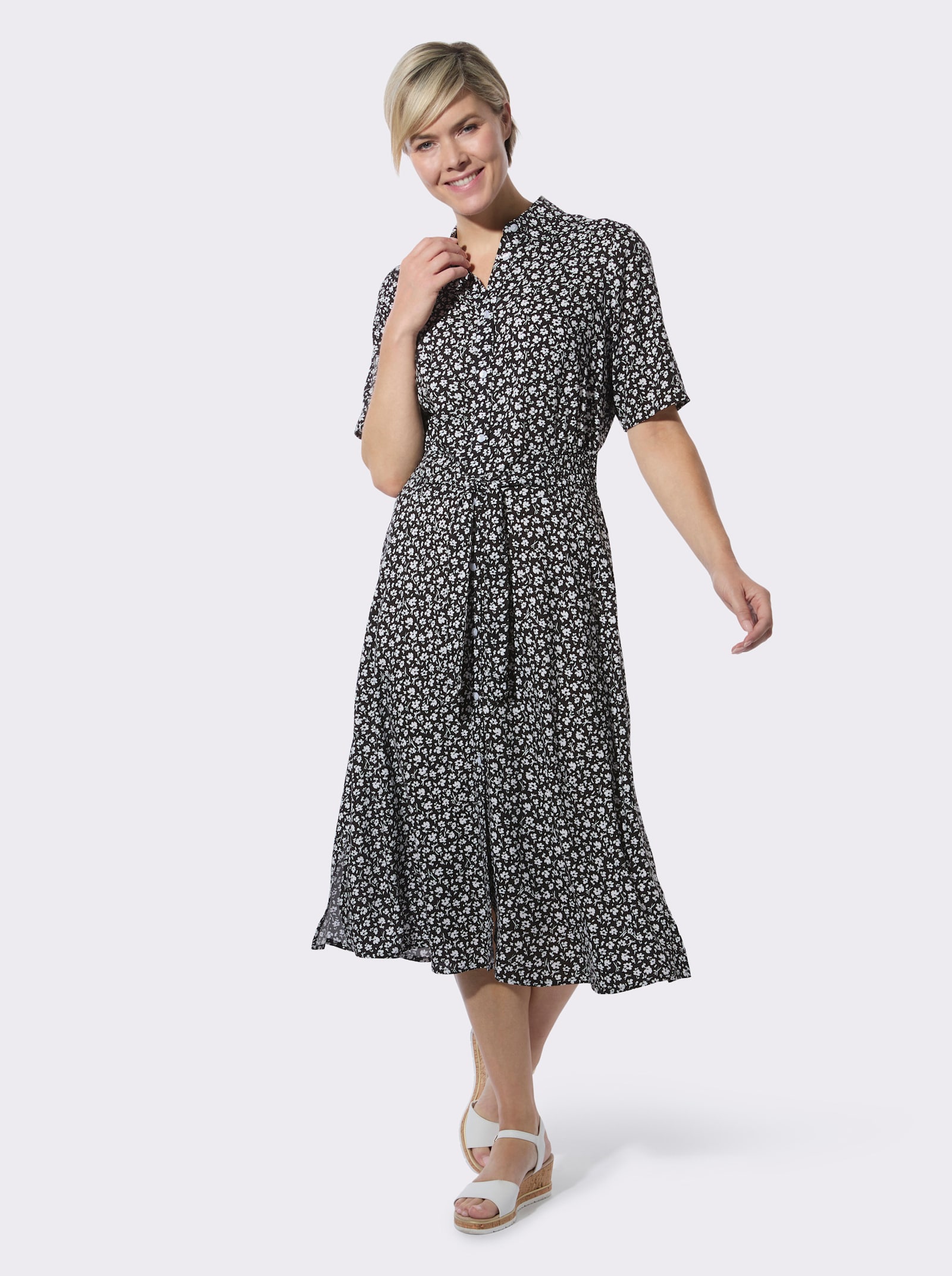 Blusenkleid im floralem Dessin - schwarz-weiß-bedruckt