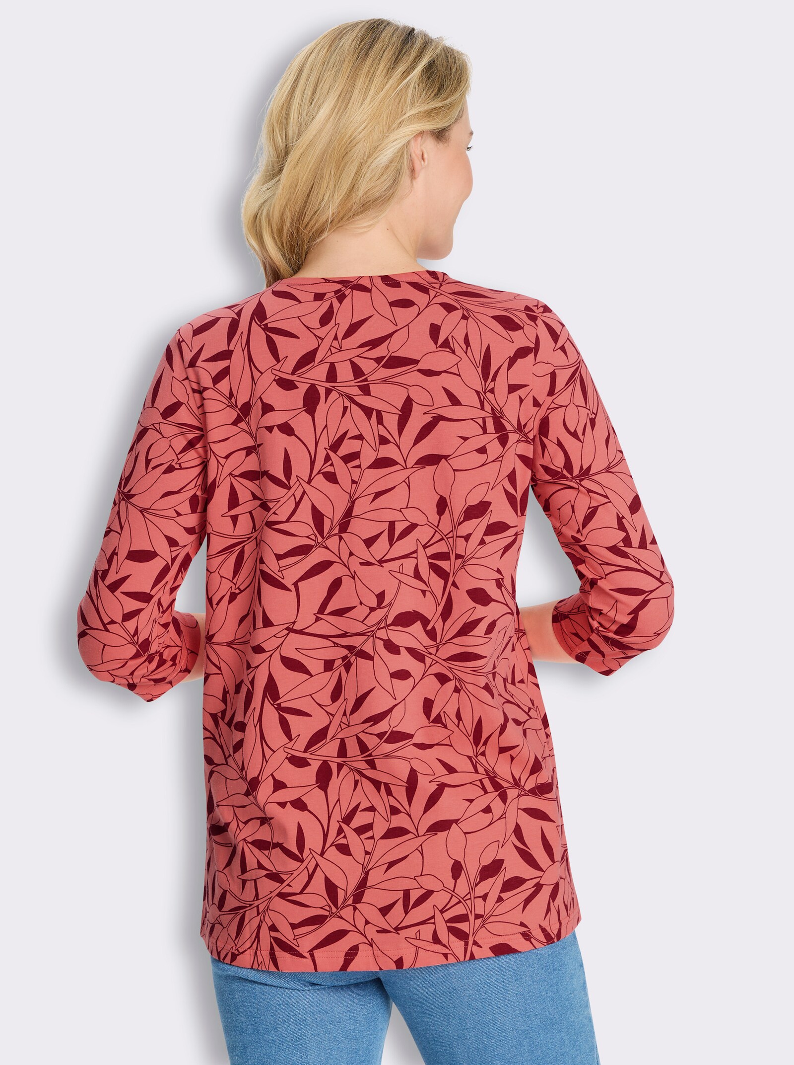 Longshirt mit Falten am Ausschnitt - koralle-kirsche-bedruckt