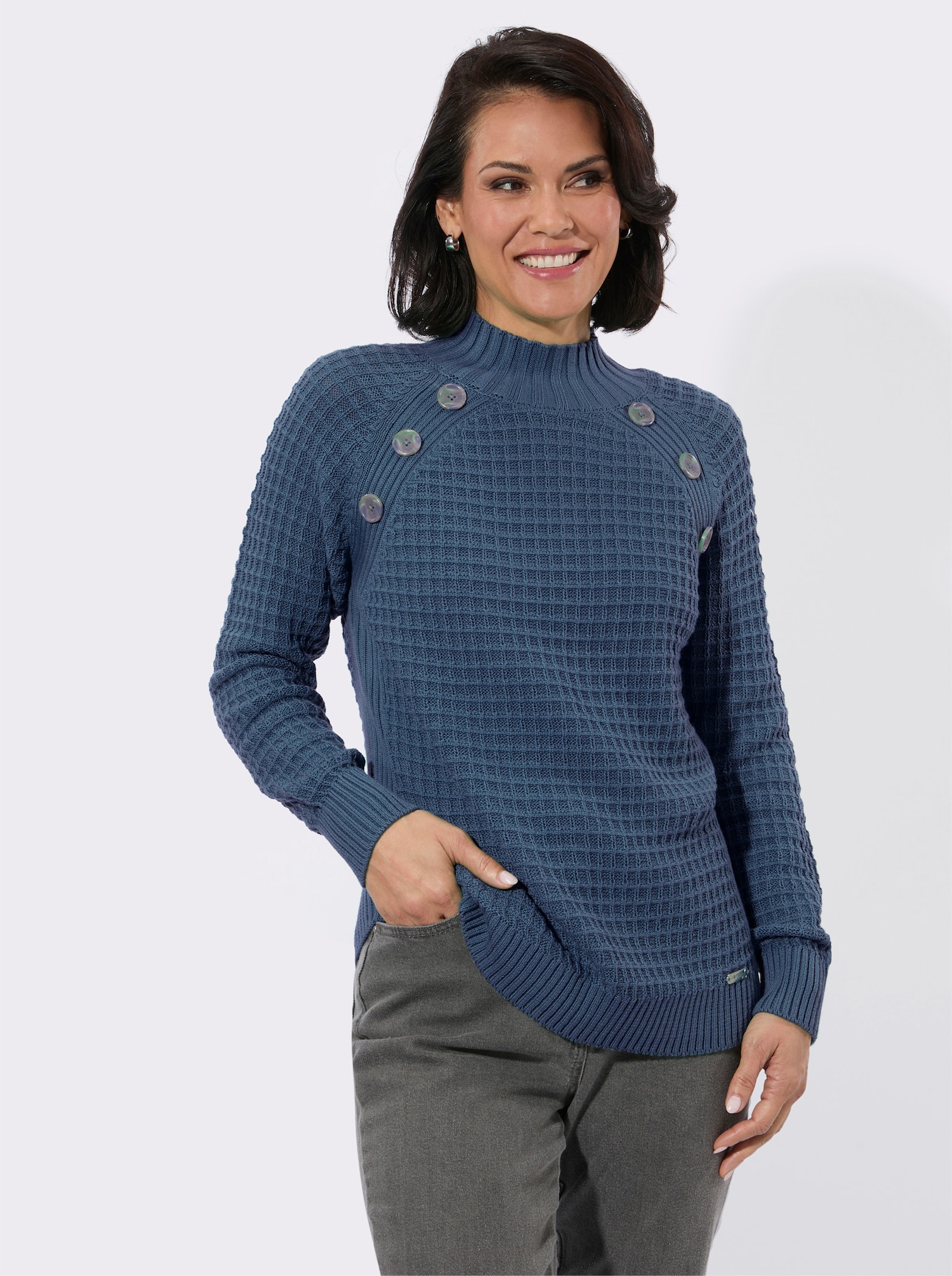 Stehkragenpullover mit Zierknöpfen - jeansblau