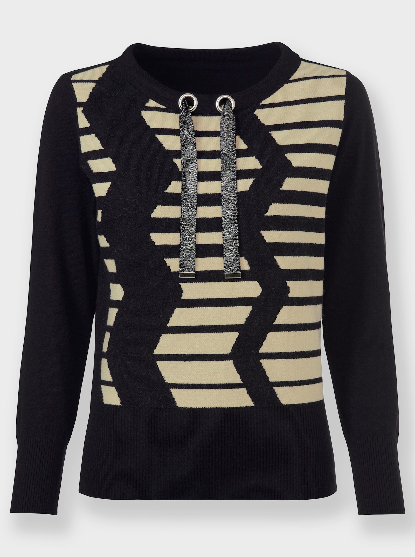 Pullover mit weitenregulierbaren Ausschnitt - sand-schwarz-gemustert