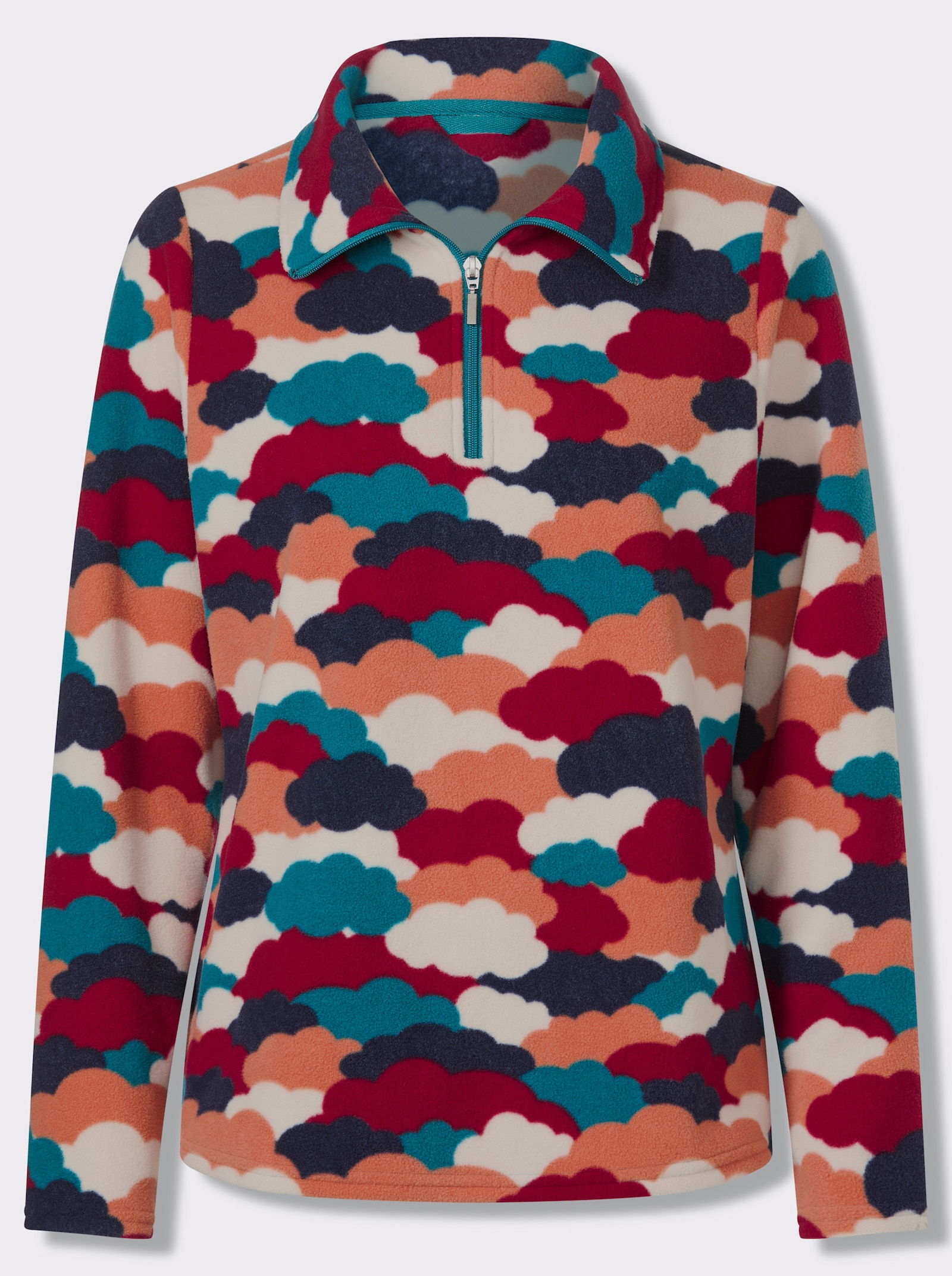 Fleeceshirt mit Wolken-Muster allover - marine-papaya-bedruckt