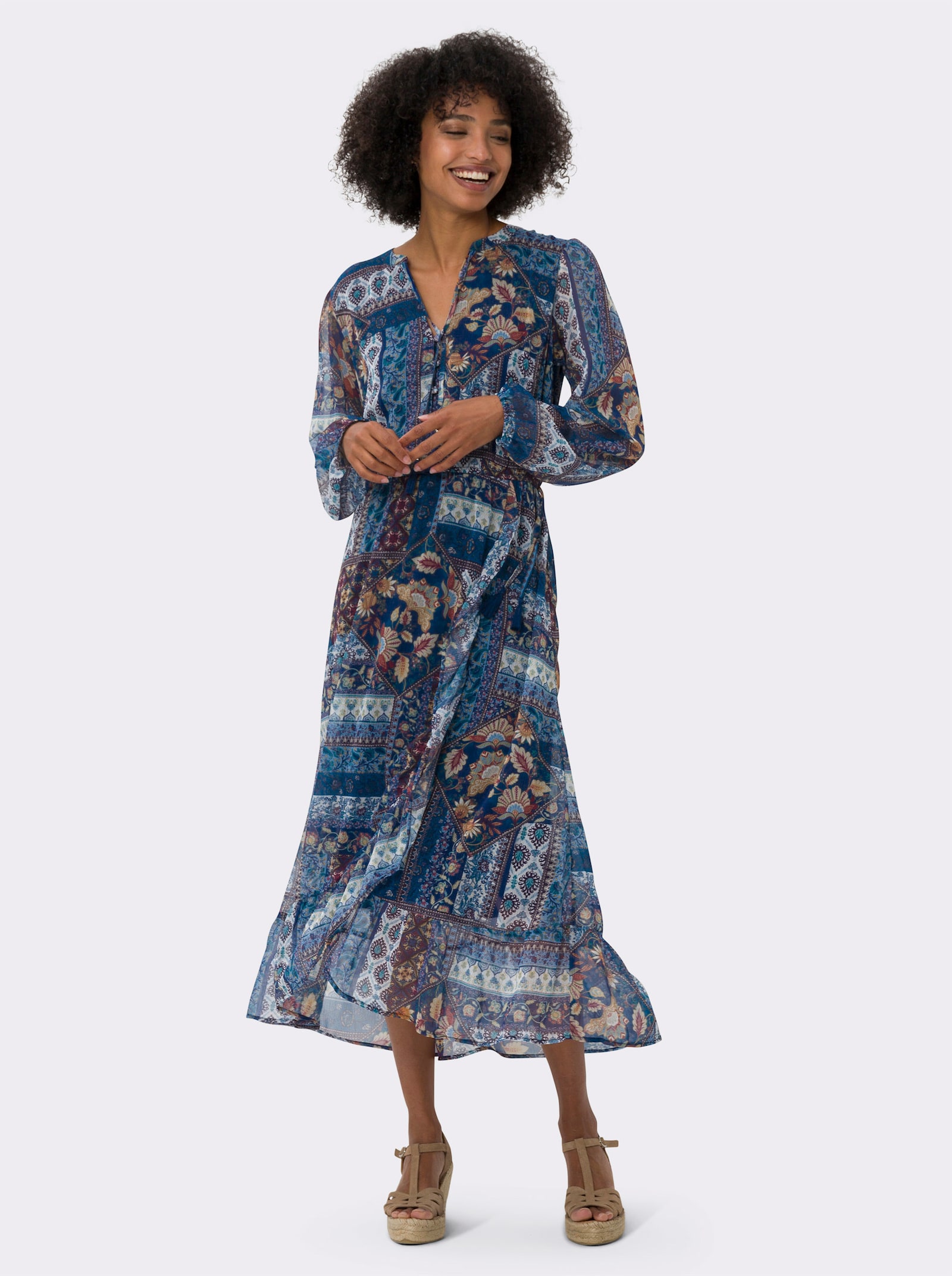 heine Jurk met print en elastische mouwboordjes - marine/oker bedrukt