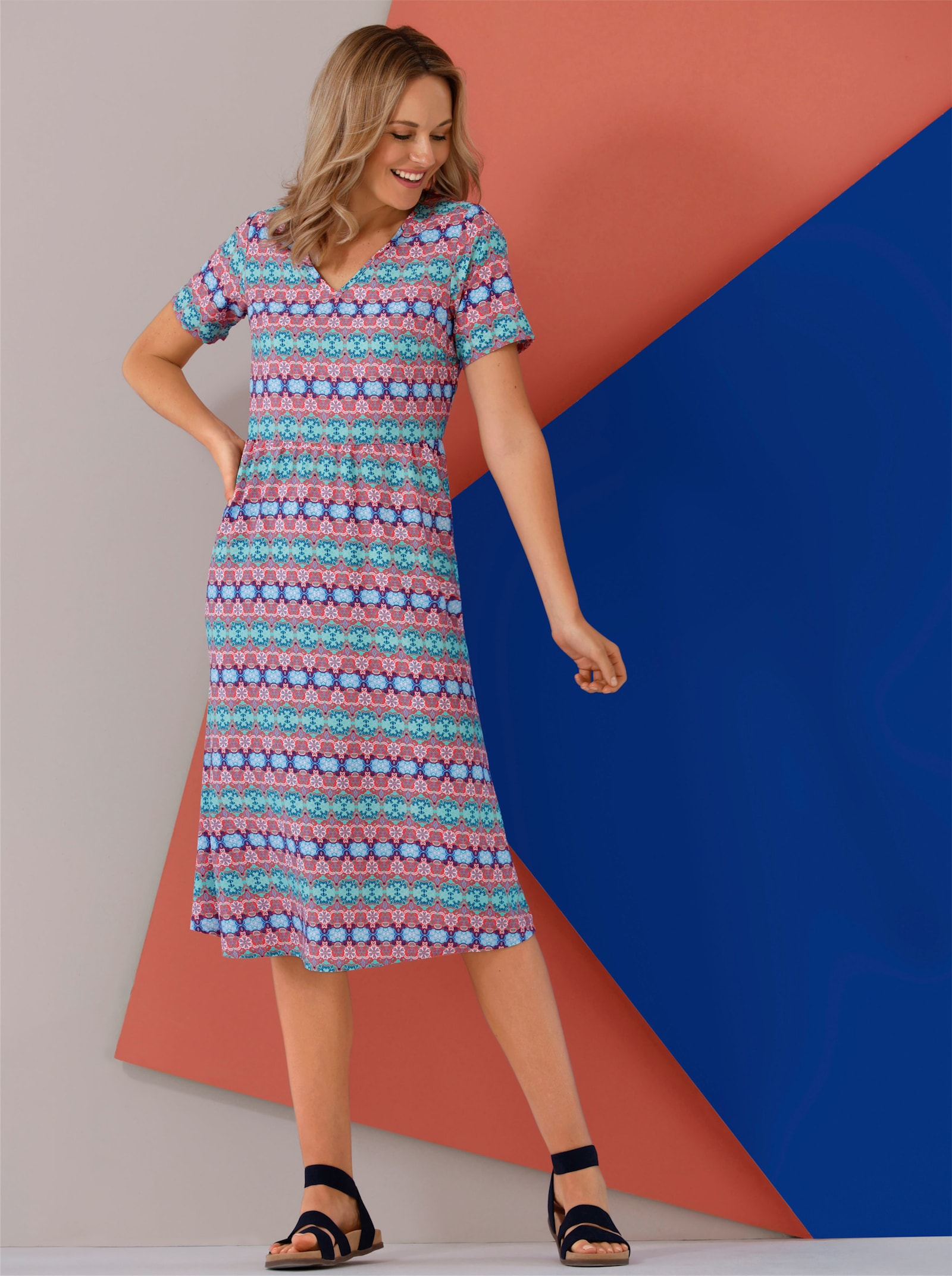 A-Linien-Kleid mit Raffungen - aqua-grapefruit-bedruckt