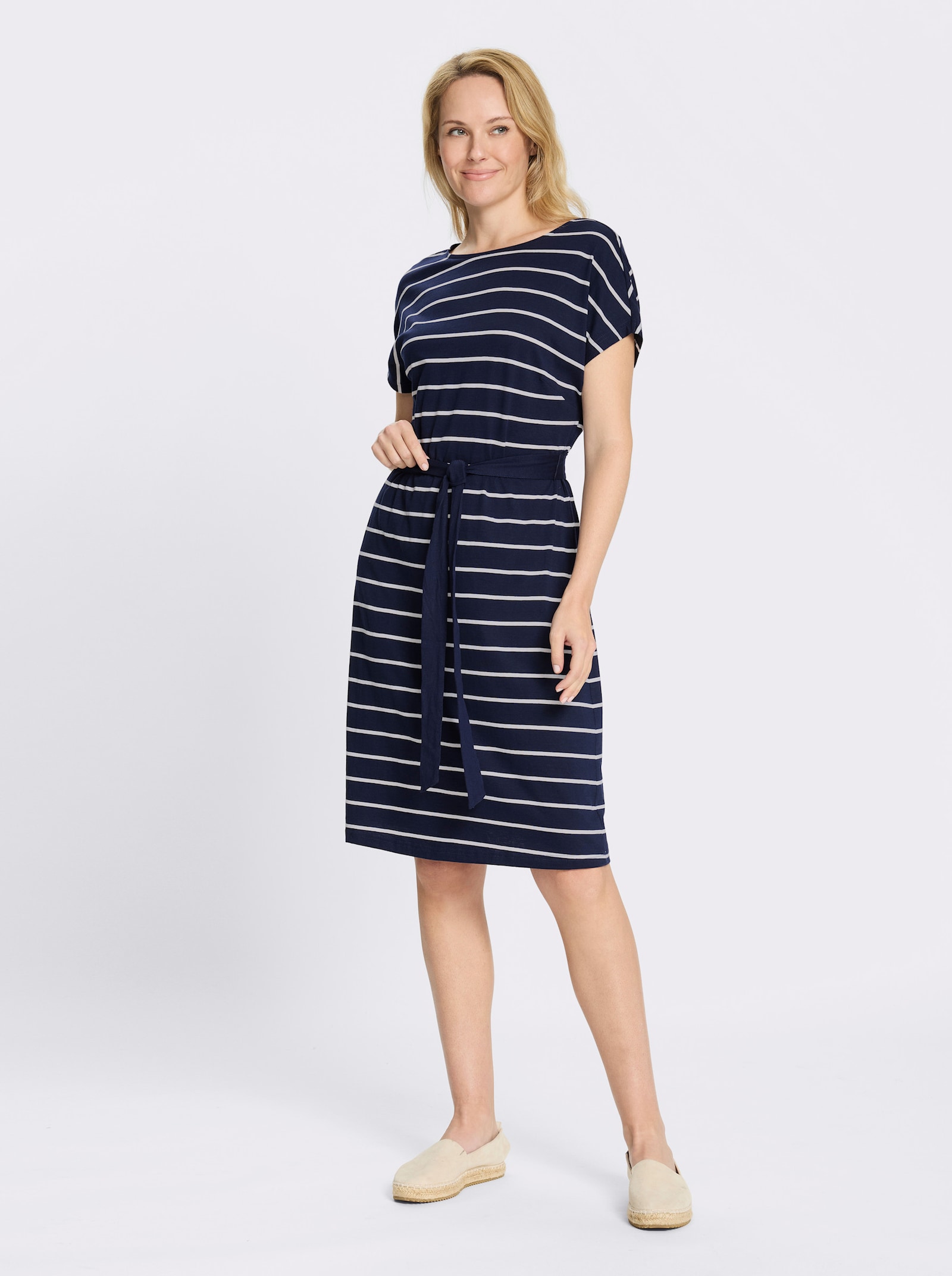 Jerseyjurk met bindceintuur - marine/wit gestreept