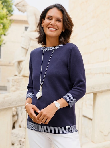 3/4-Arm-Pullover mit gestreiften Abschlüssen - marine