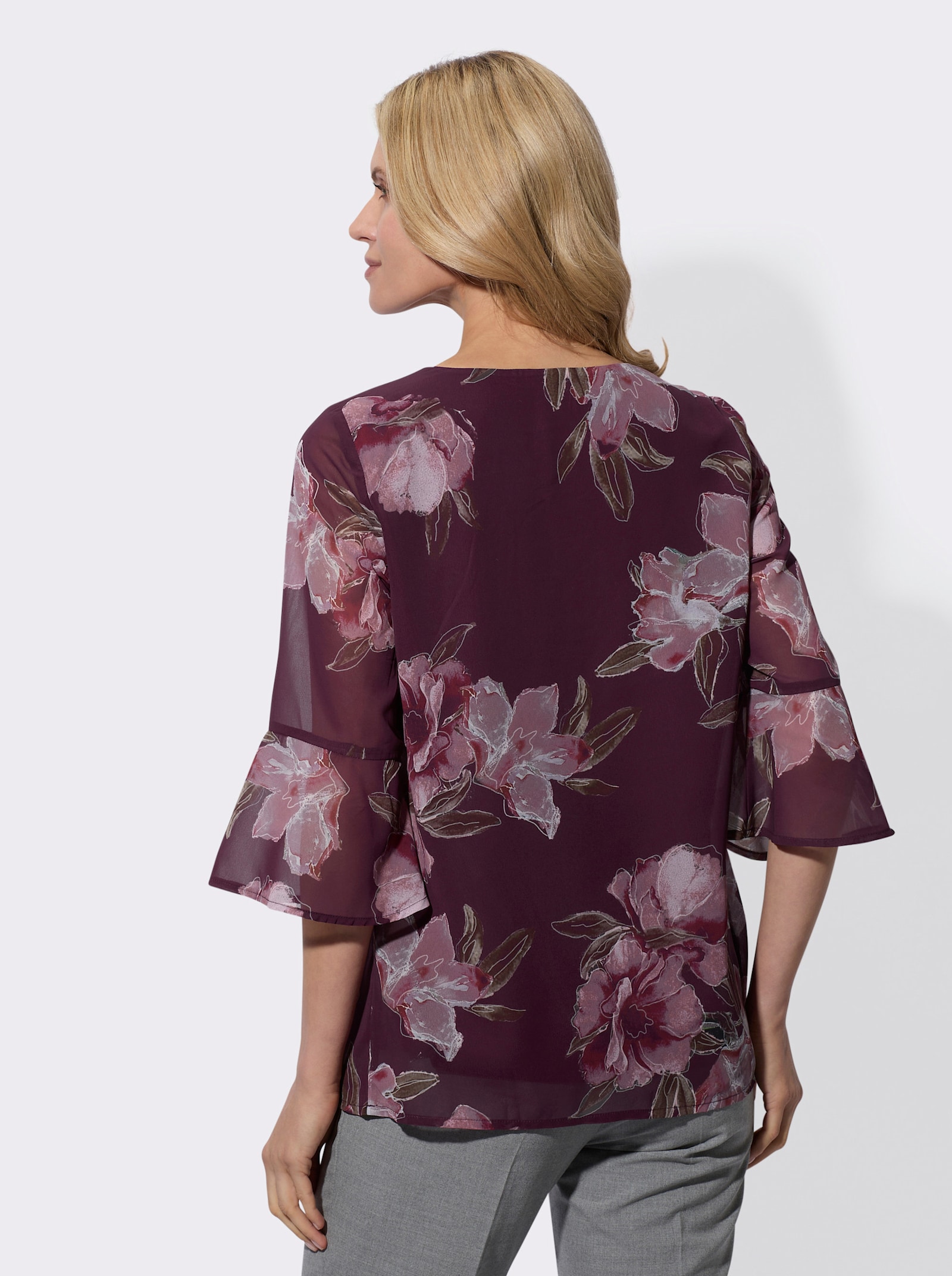 Navlékací halenka s neprůhlednou podšívkou - burgundská-slézová-potisk