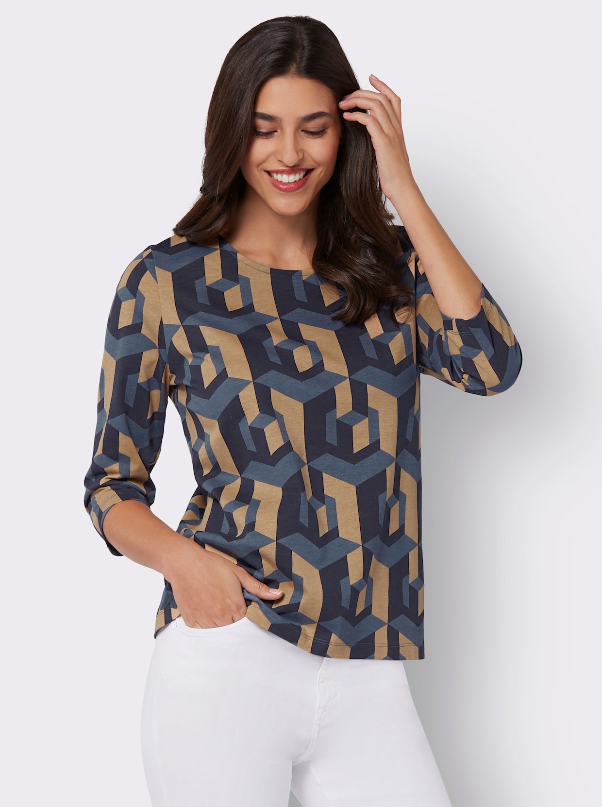 Shirt met 3/4-mouw - marine/camel bedrukt