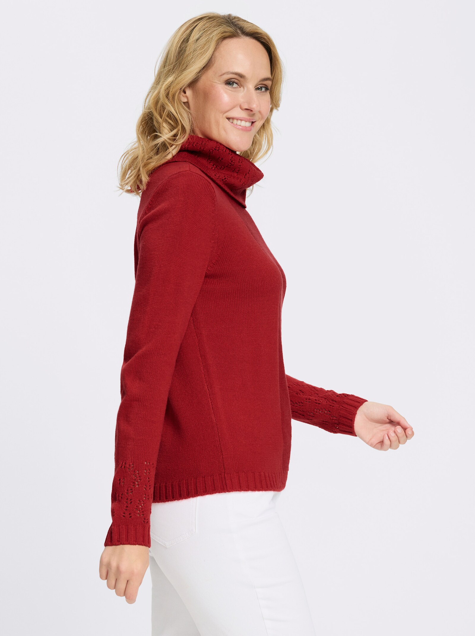 Rollkragenpullover mit Ajourmuster - erdbeere