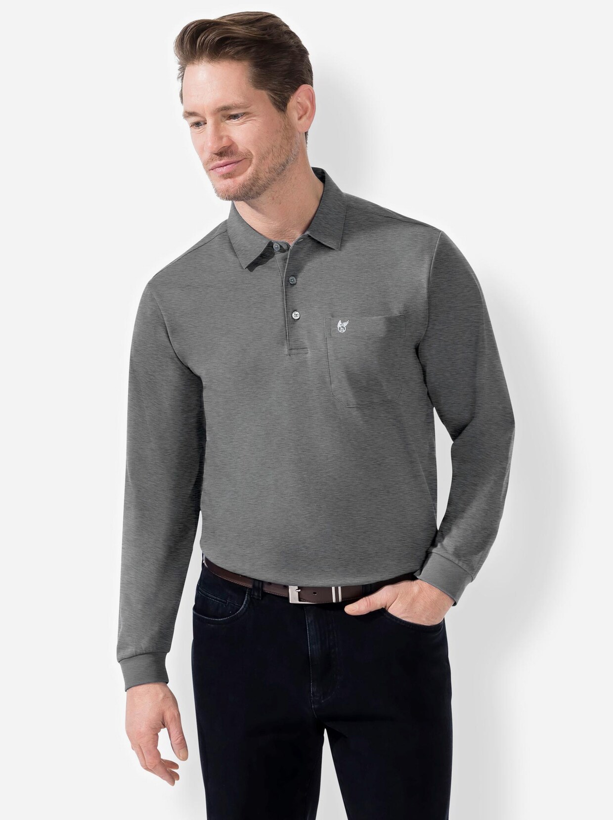 Hajo Langarm-Poloshirt - grau-meliert