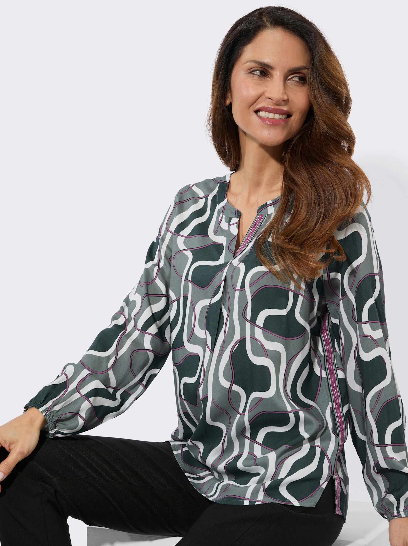 Schlupf-Bluse mit Zierbändern - petrol-erika-bedruckt