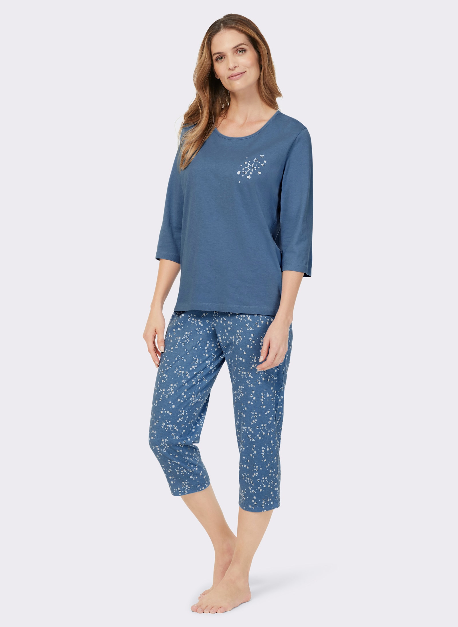 wäschepur Schlafanzüge mit 3/4-Arm und -Hose - mittelblau-ecru + erika-ecru