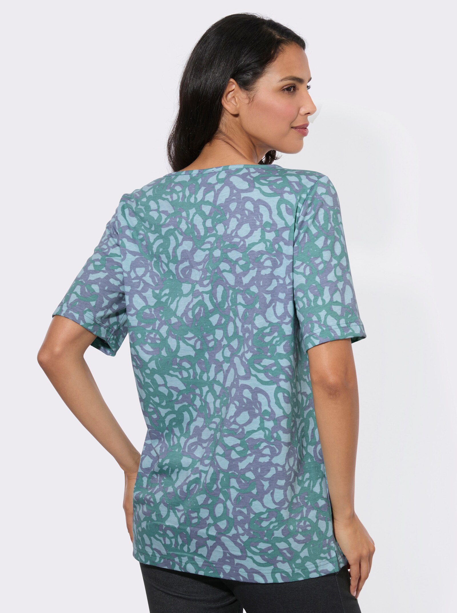 V-Shirt mit Seitenschlitzen - taubenblau-salbei-bedruckt